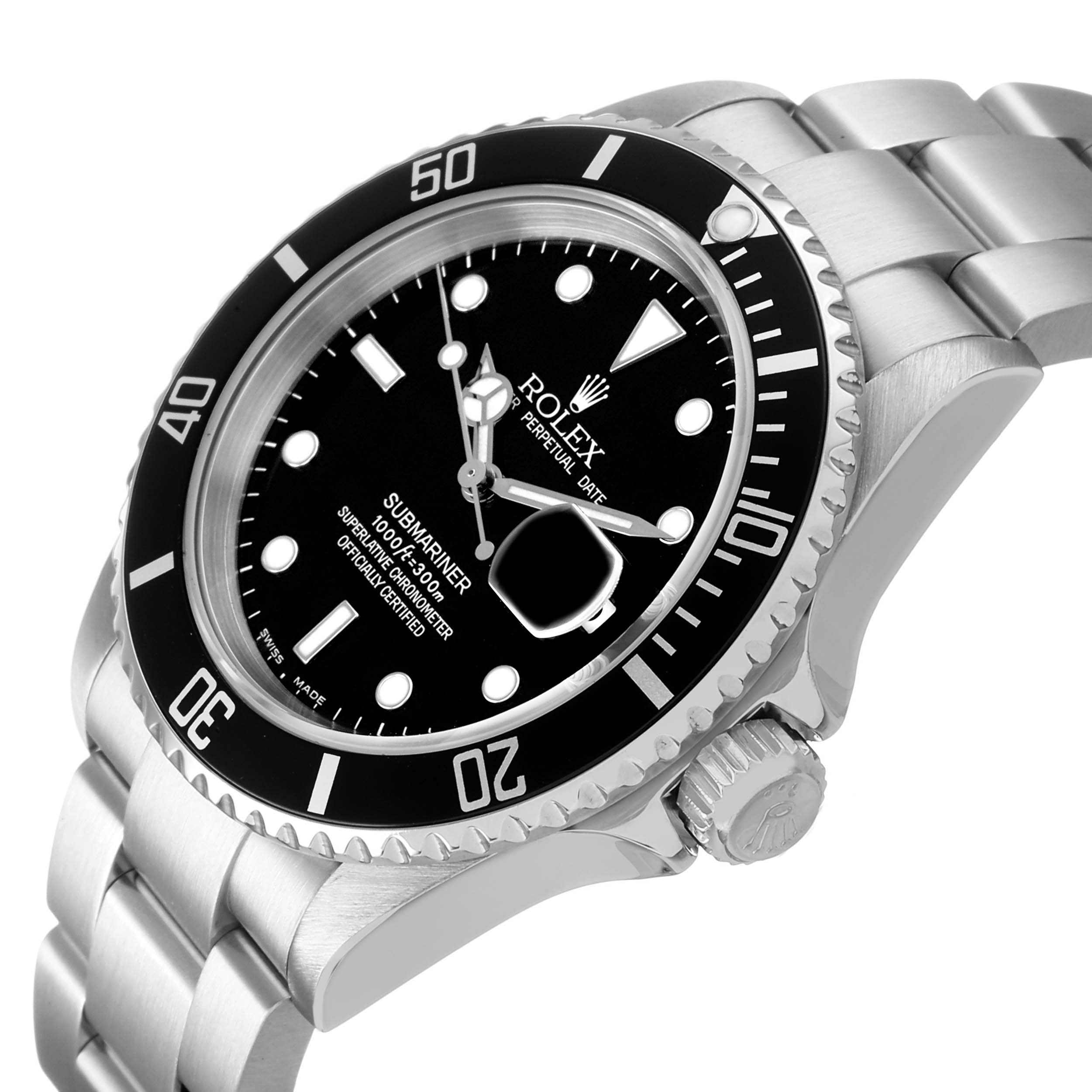 The Rolex Submariner 16610 Men's Stainless Steel Black Dial watch is shown at a three-quarter angle, highlighting the dial, bezel, and bracelet.