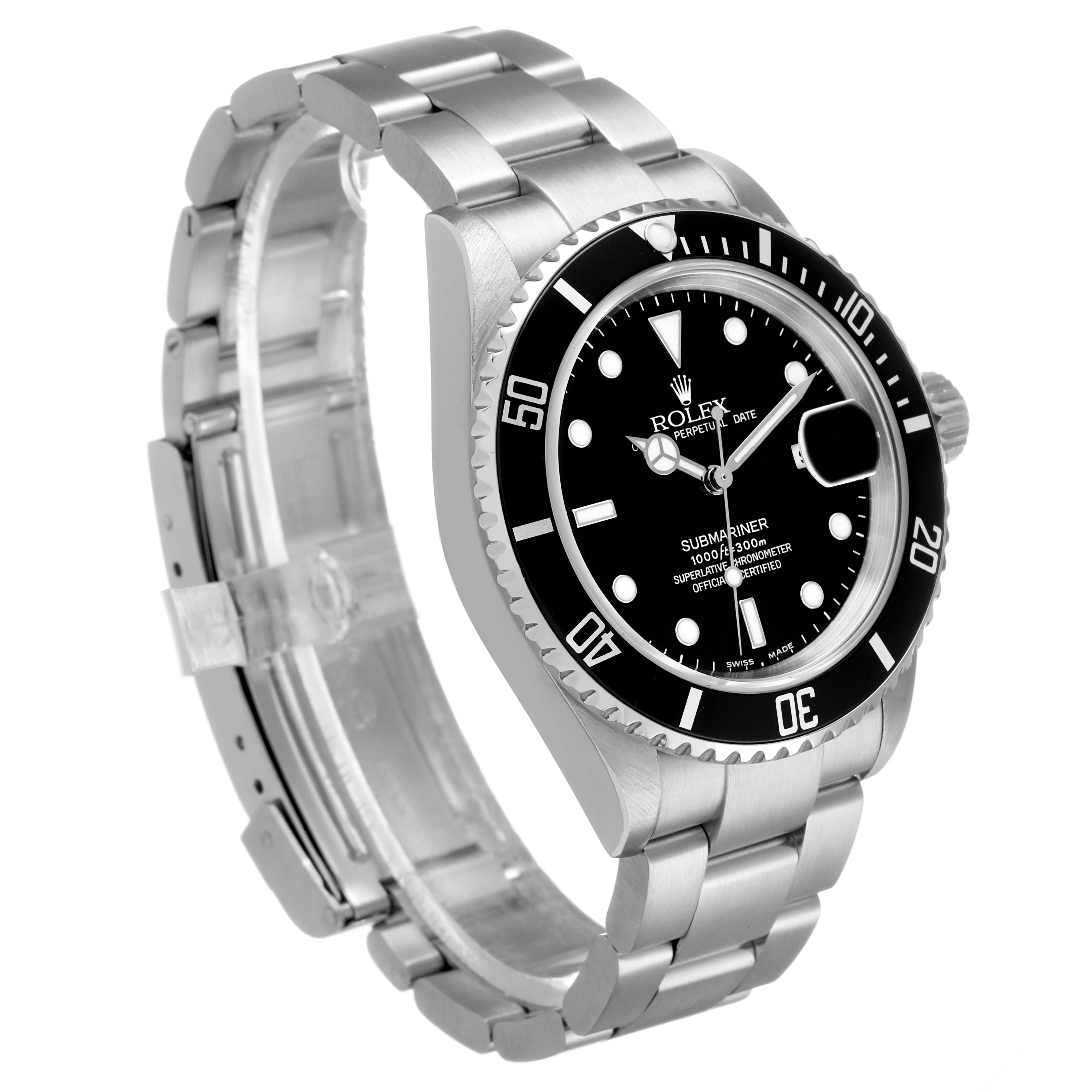 The Rolex Submariner 16610 Men's Stainless Steel Black Dial watch is shown at an angle displaying its face, bezel, and bracelet prominently.