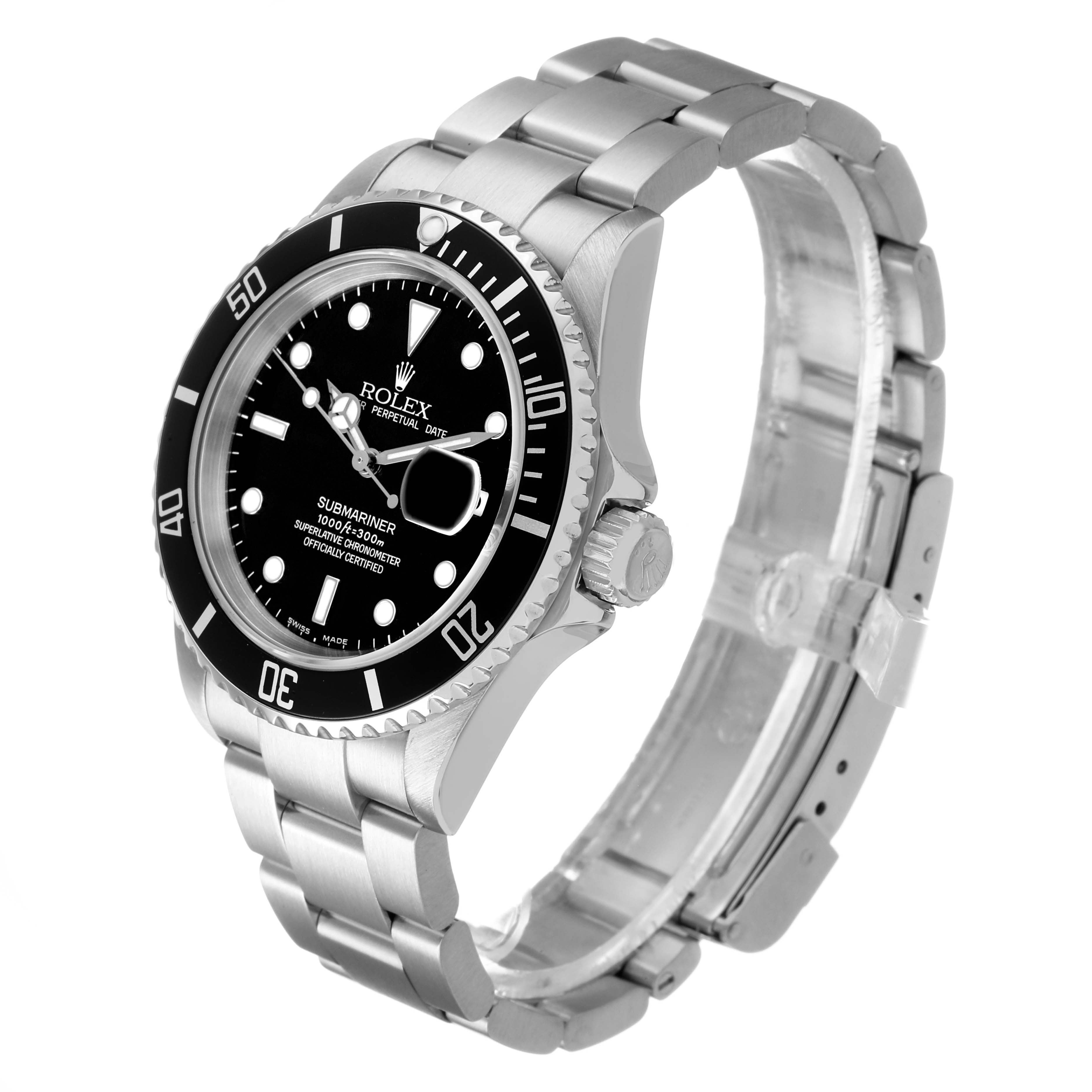 The image shows a side angle of the Rolex Submariner 16610 Men's Stainless Steel Black Dial, highlighting the dial, bezel, crown, and bracelet.