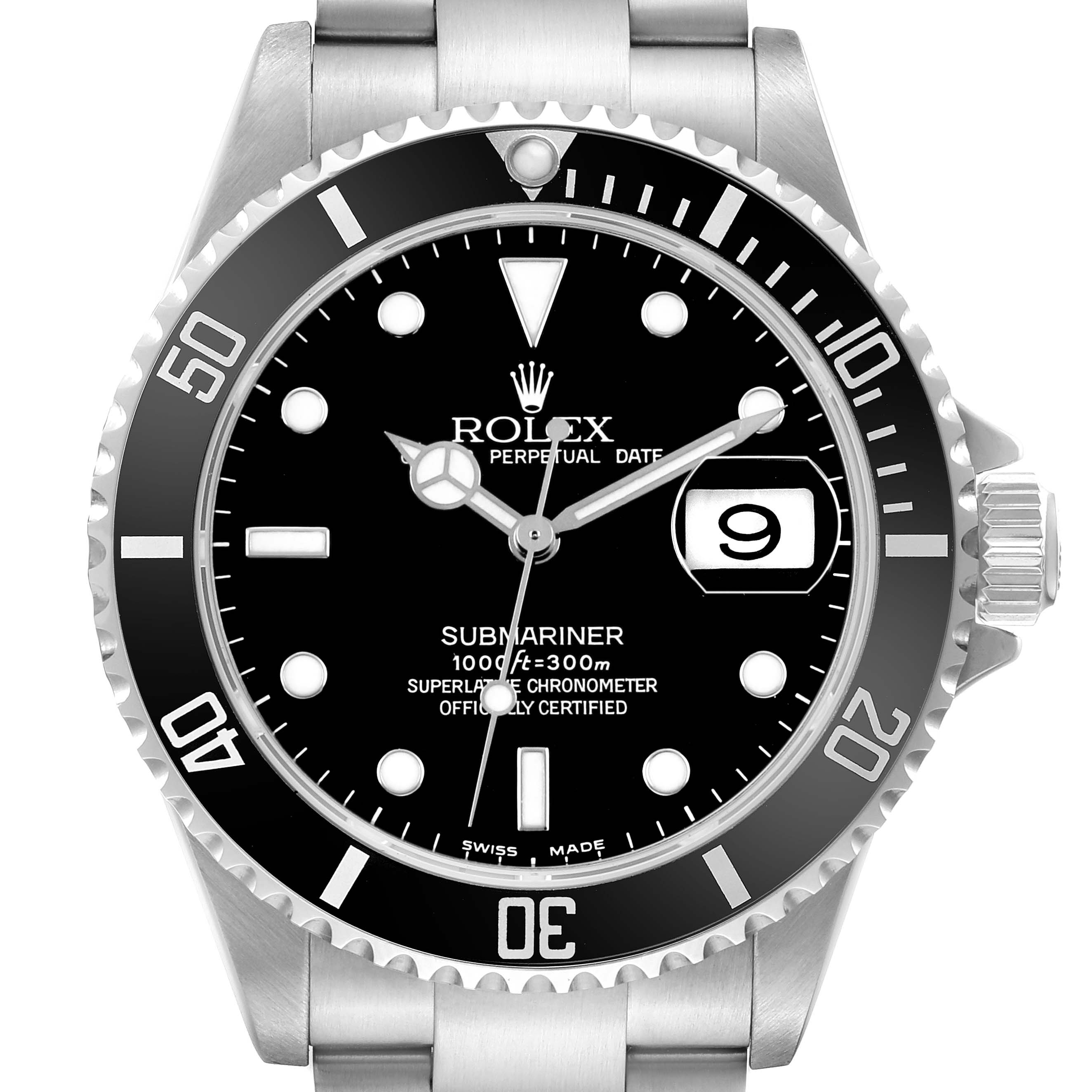 The image shows a front view of the Rolex Submariner 16610 Men's Stainless Steel Black Dial, highlighting the dial, bezel, and crown.