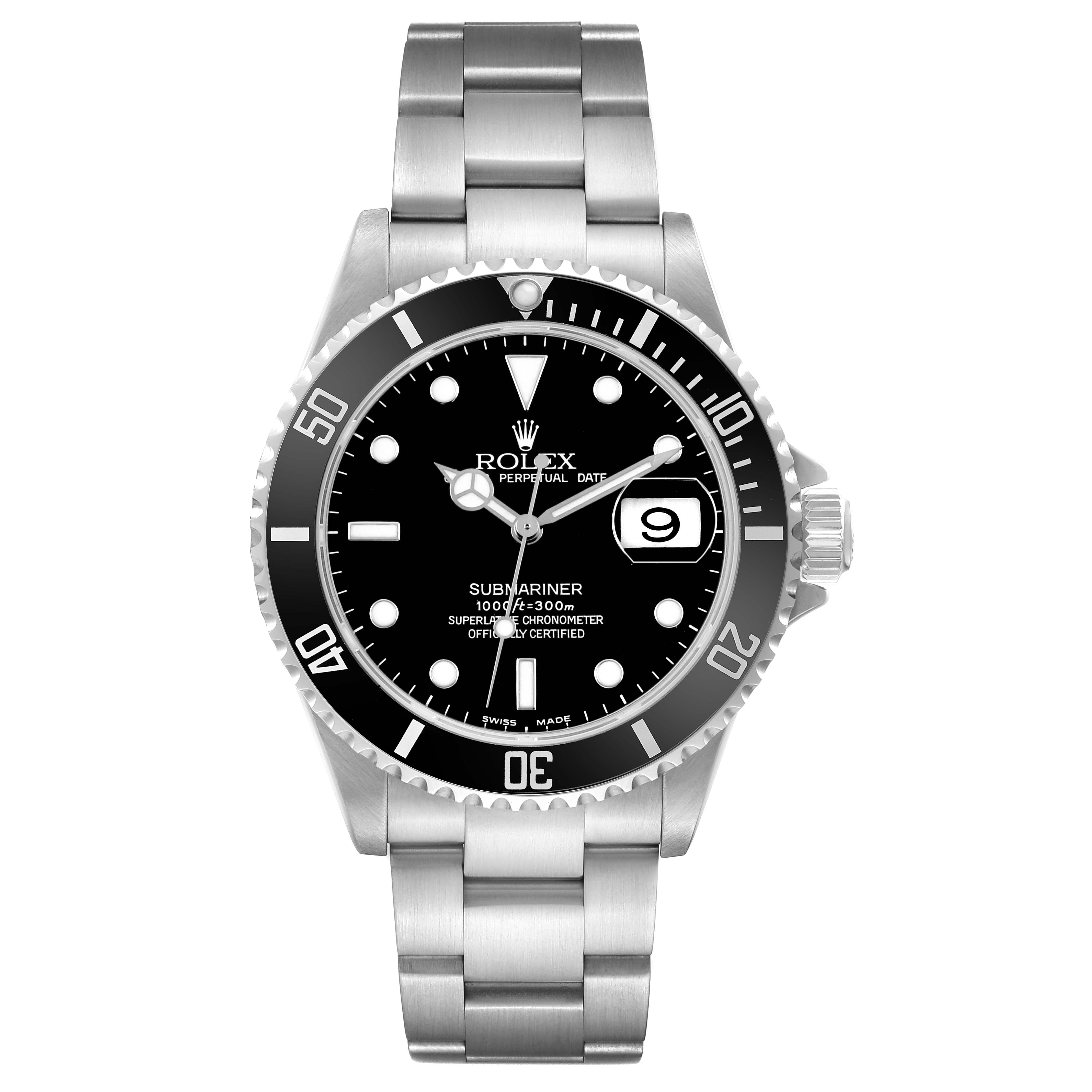 This image shows a front view of the Rolex Submariner 16610 Men's Stainless Steel Black Dial, highlighting the face, bezel, and bracelet.