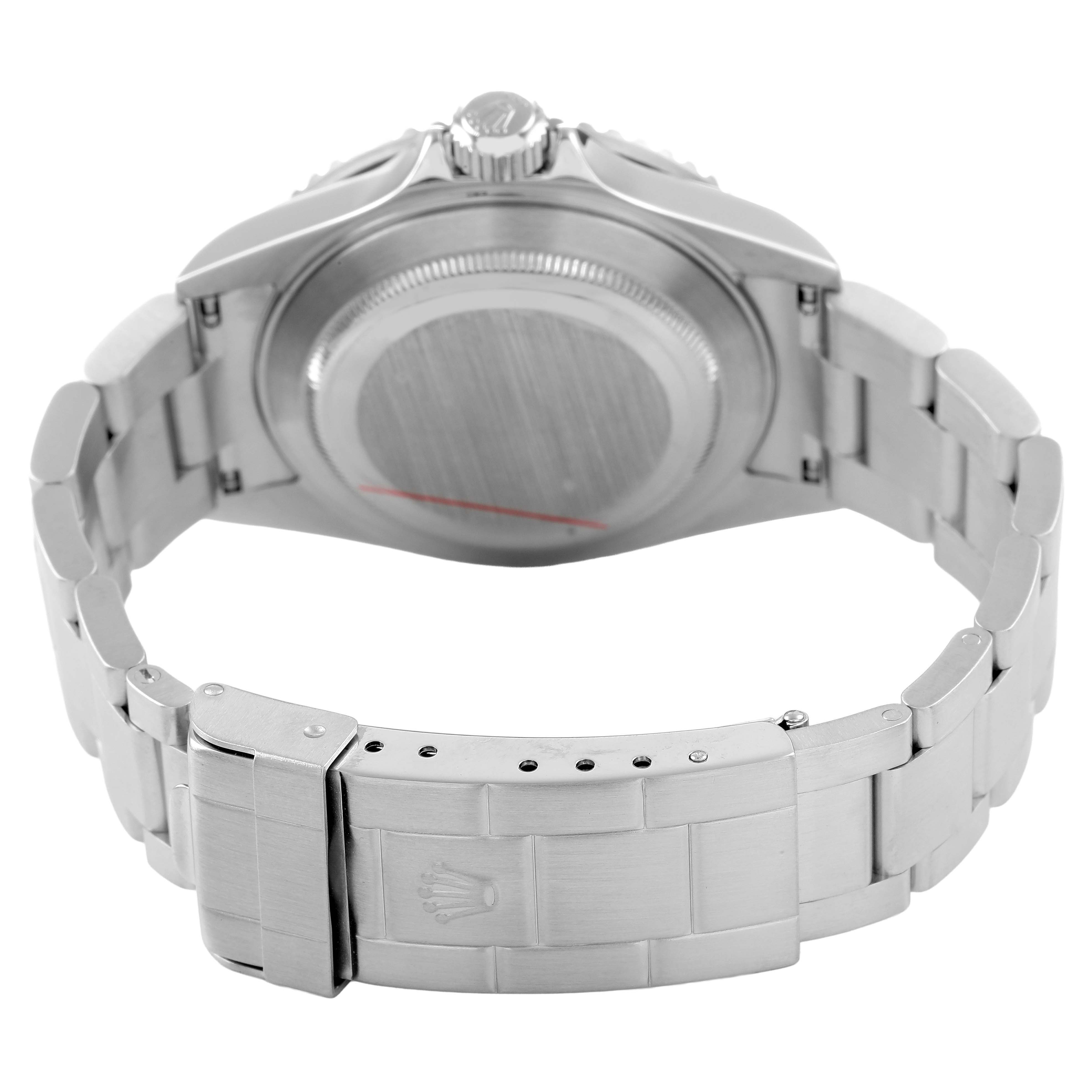 The image shows the back view of a Rolex Submariner 16610 Men's Stainless Steel Black Dial, highlighting the case back and bracelet clasp.