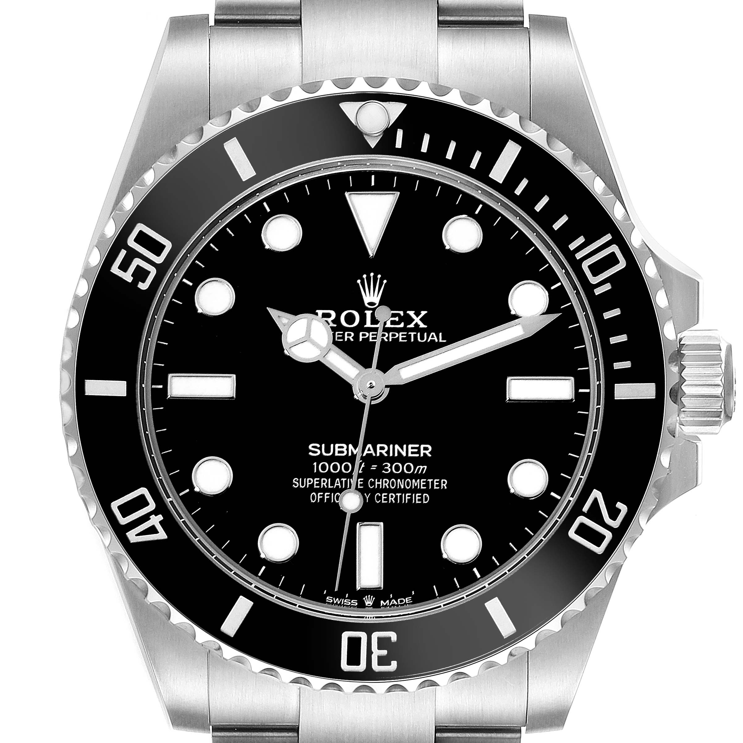 The image shows a front view of the Rolex Submariner 124060 Men
s Stainless Steel Black Dial 124060 Men
s Stainless Steel Black Dial watch, highlighting its dial, bezel, and part of the bracelet.