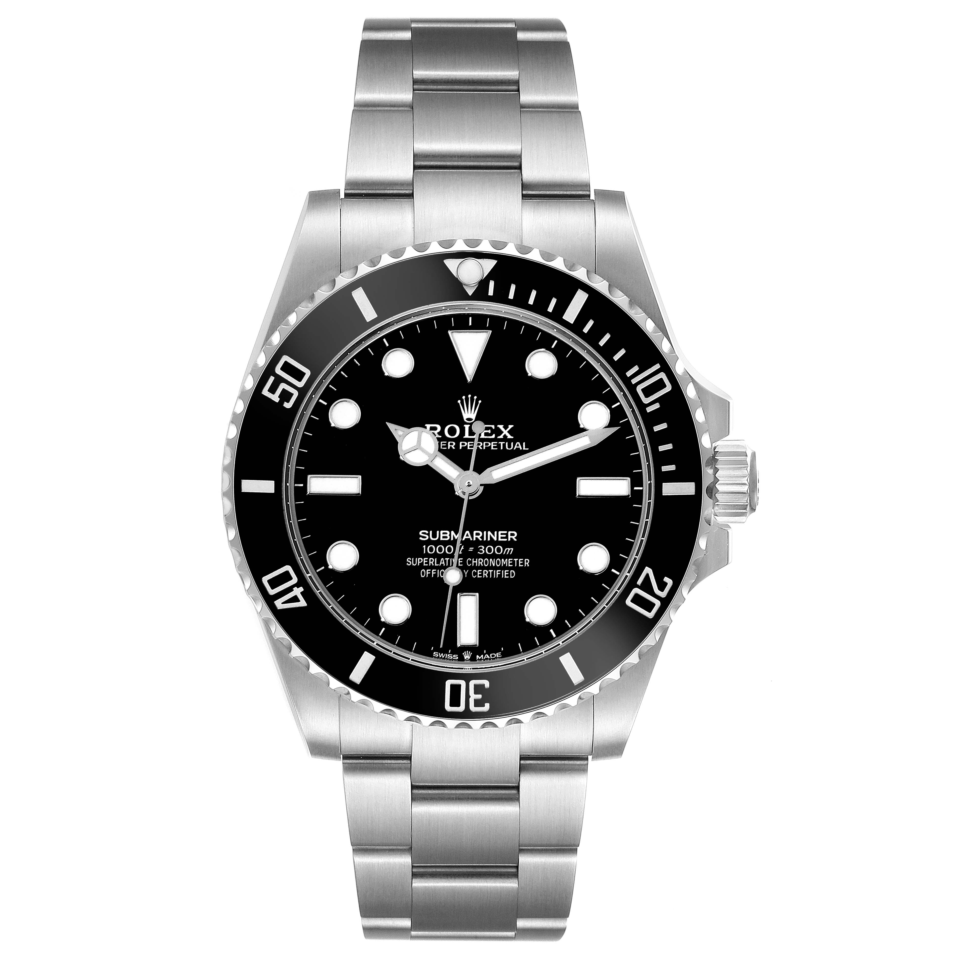 The image shows a front view of a Rolex Submariner 124060 Men
s Stainless Steel Black Dial 124060 Men
s Stainless Steel Black Dial watch displaying its face, bezel, and stainless steel bracelet.