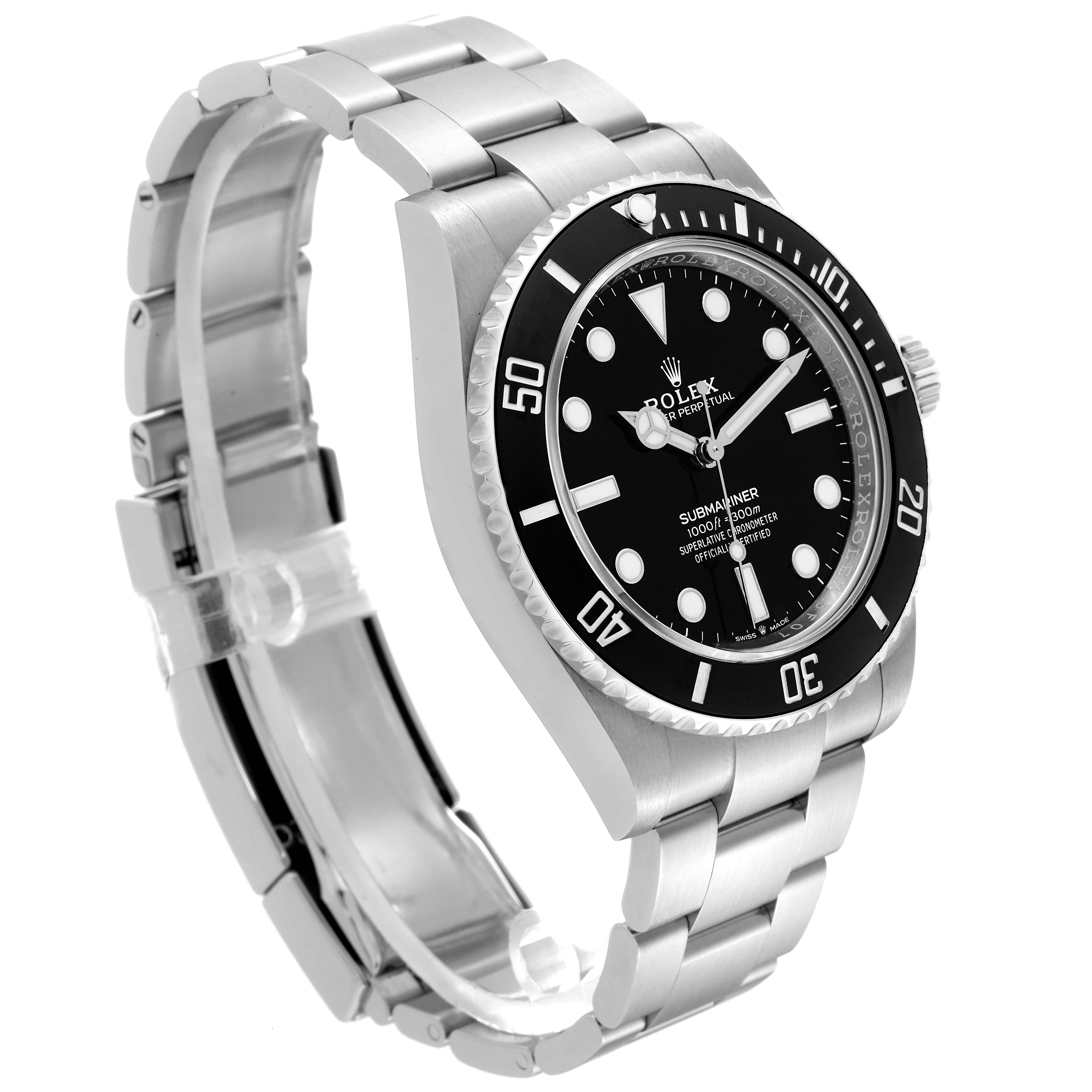 The image shows a side view of a Rolex Submariner 124060 Men
s Stainless Steel Black Dial 124060 Men
s Stainless Steel Black Dial watch, showcasing its bezel, dial, crown, and a portion of the bracelet.