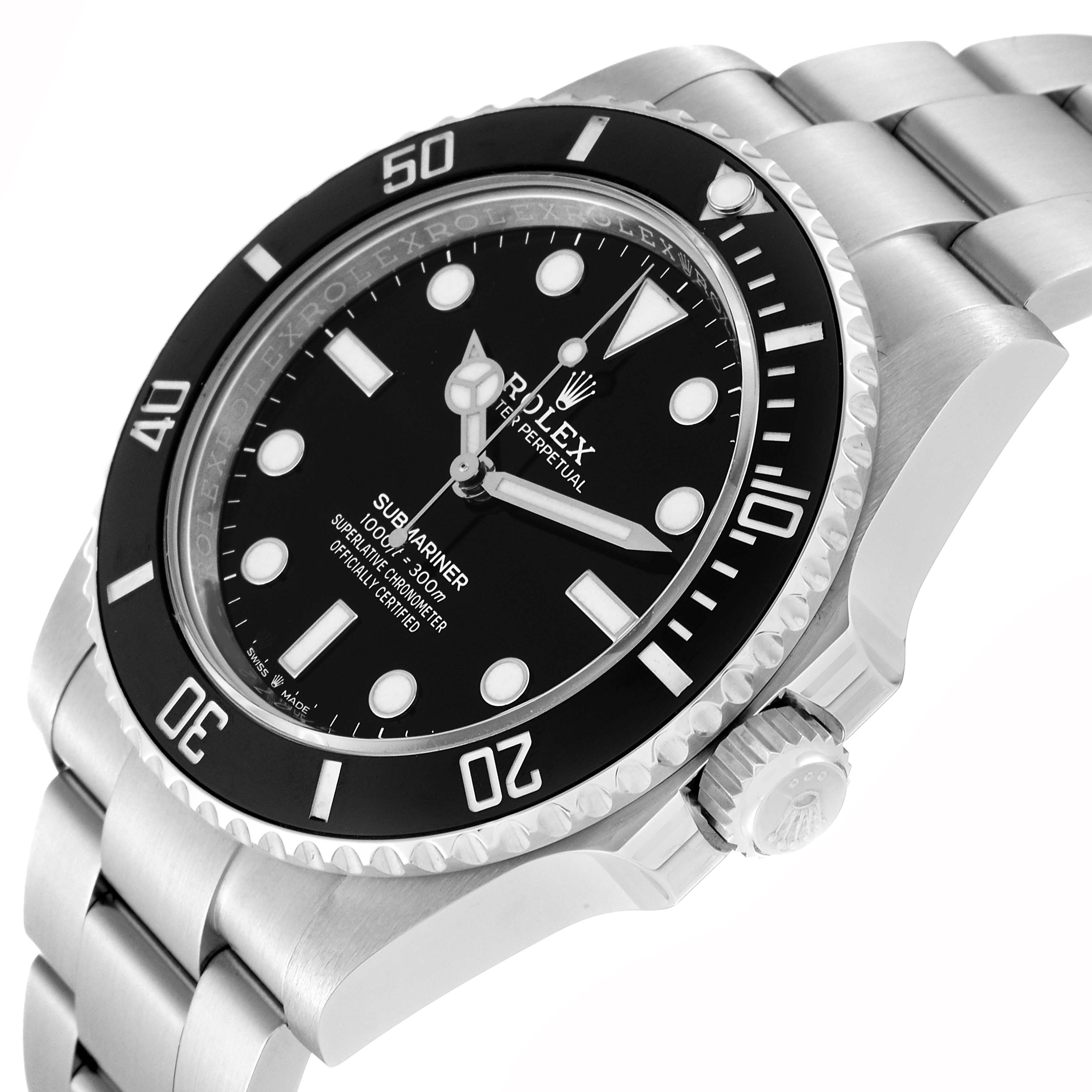 The image shows a side and slightly tilted view of the Rolex Submariner 124060 Men
s Stainless Steel Black Dial 124060 Men
s Stainless Steel Black Dial, highlighting its black dial, bezel, and stainless steel bracelet.