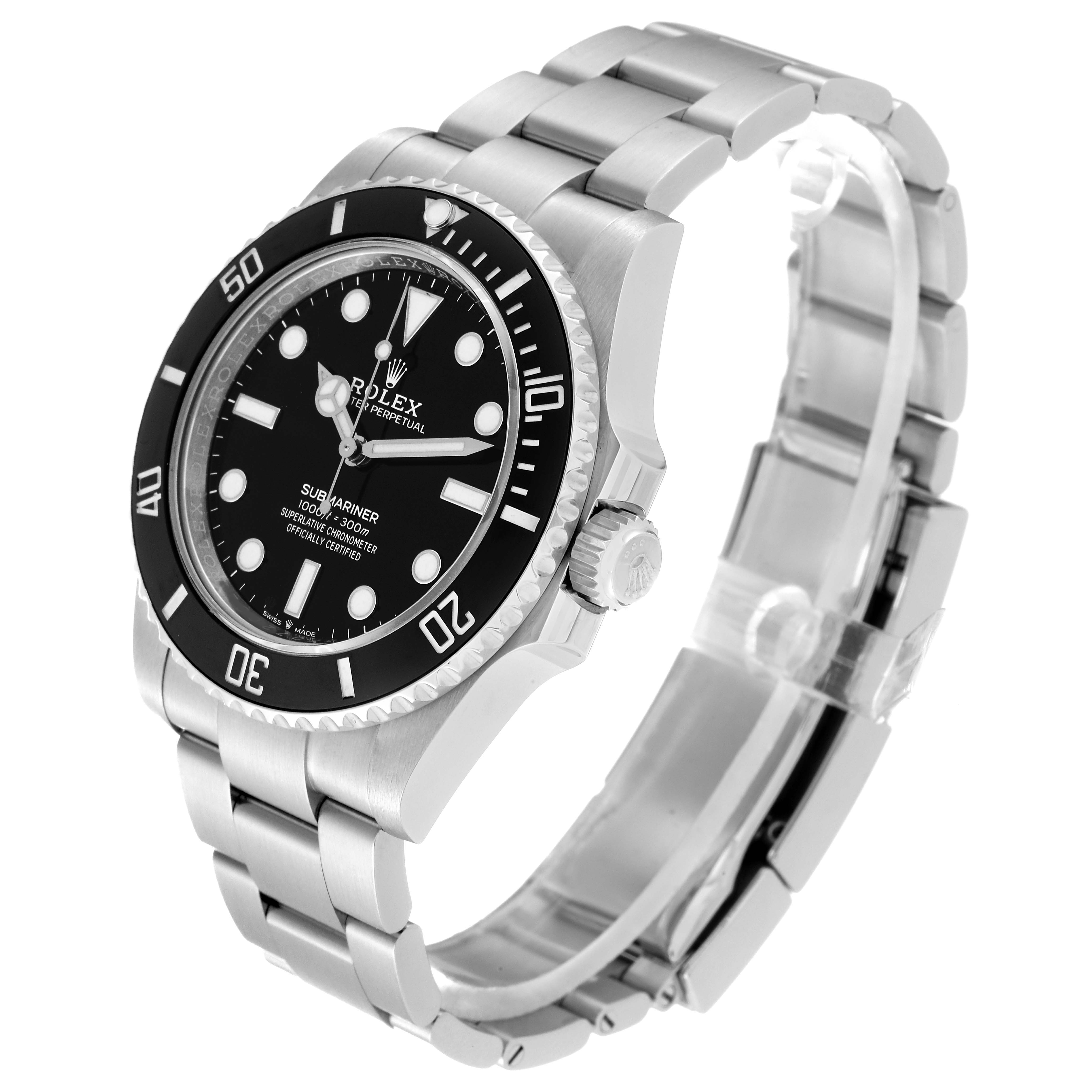 This image shows a side and front angle of the Rolex Submariner 124060 Men
s Stainless Steel Black Dial 124060 Men
s Stainless Steel Black Dial watch, highlighting its bezel, dial, and stainless steel bracelet.