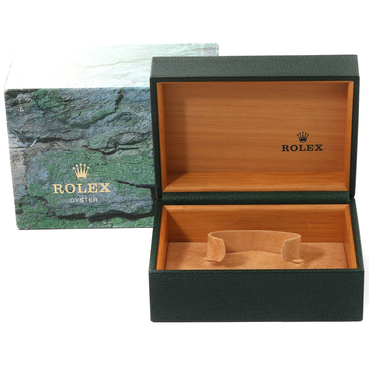 The image shows an open Rolex Submariner 16613 Men's Steel and Gold (two tone) Champagne Dial 16613 Men's Steel and Gold (two tone) Champagne Dial watch box with a green exterior and beige interior, alongside its green box cover.