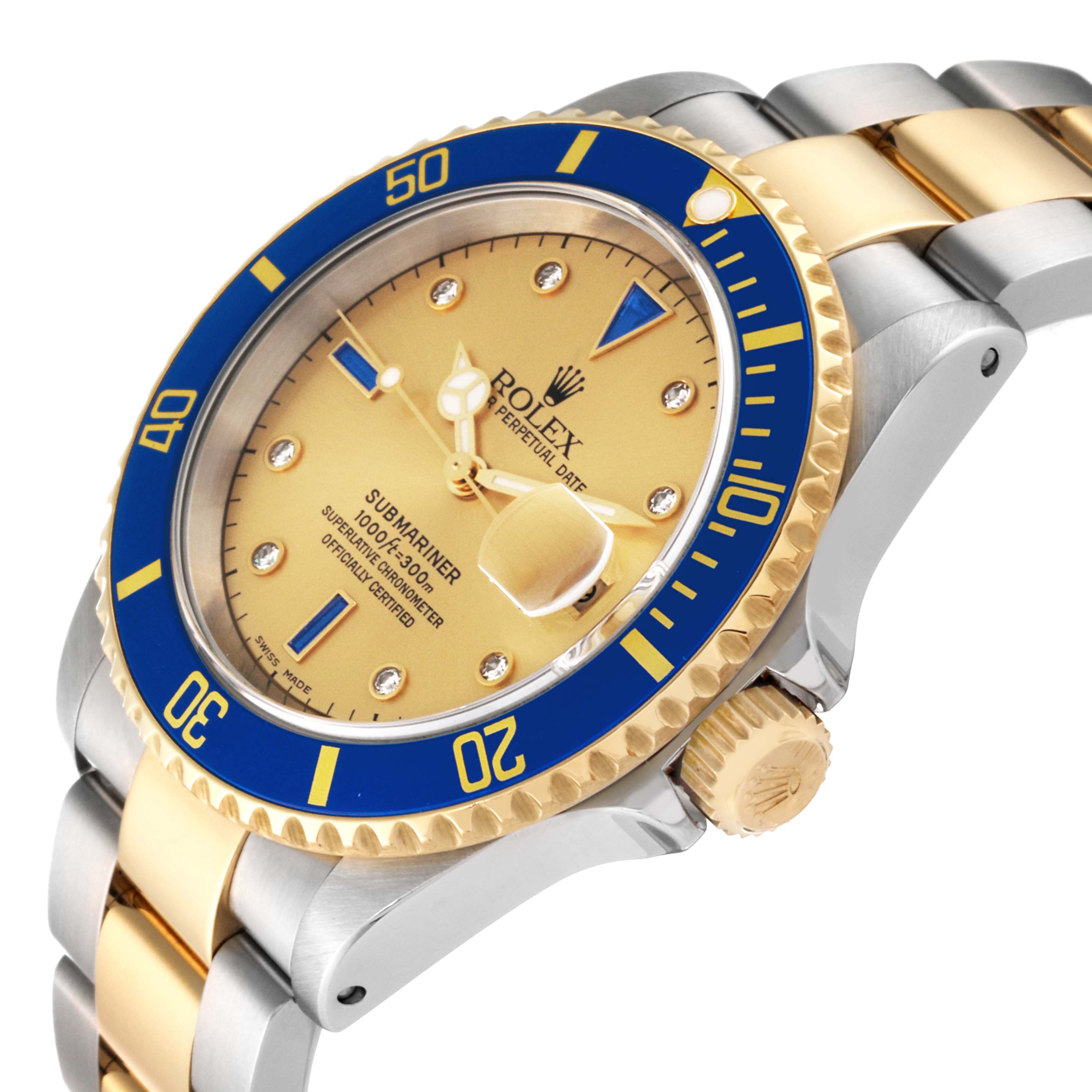 This image shows a close-up angled view of a Rolex Submariner 16613 Men's Steel and Gold (two tone) Champagne Dial 16613 Men's Steel and Gold (two tone) Champagne Dial watch, highlighting the dial, bezel, and part of the bracelet.