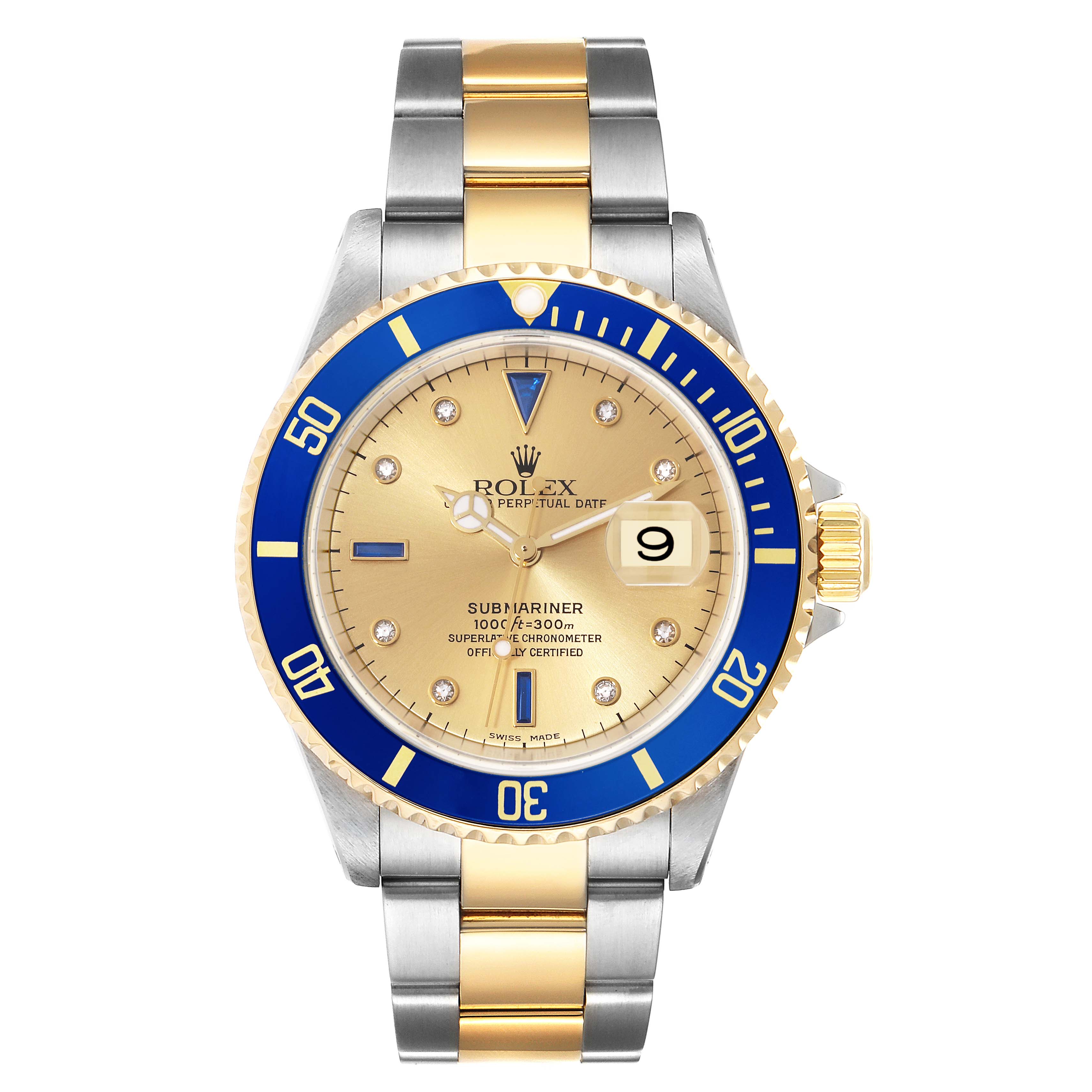 The image shows a front view of a Rolex Submariner 16613 Men's Steel and Gold (two tone) Champagne Dial 16613 Men's Steel and Gold (two tone) Champagne Dial, highlighting its blue and gold bezel, gold dial, and two-tone bracelet.