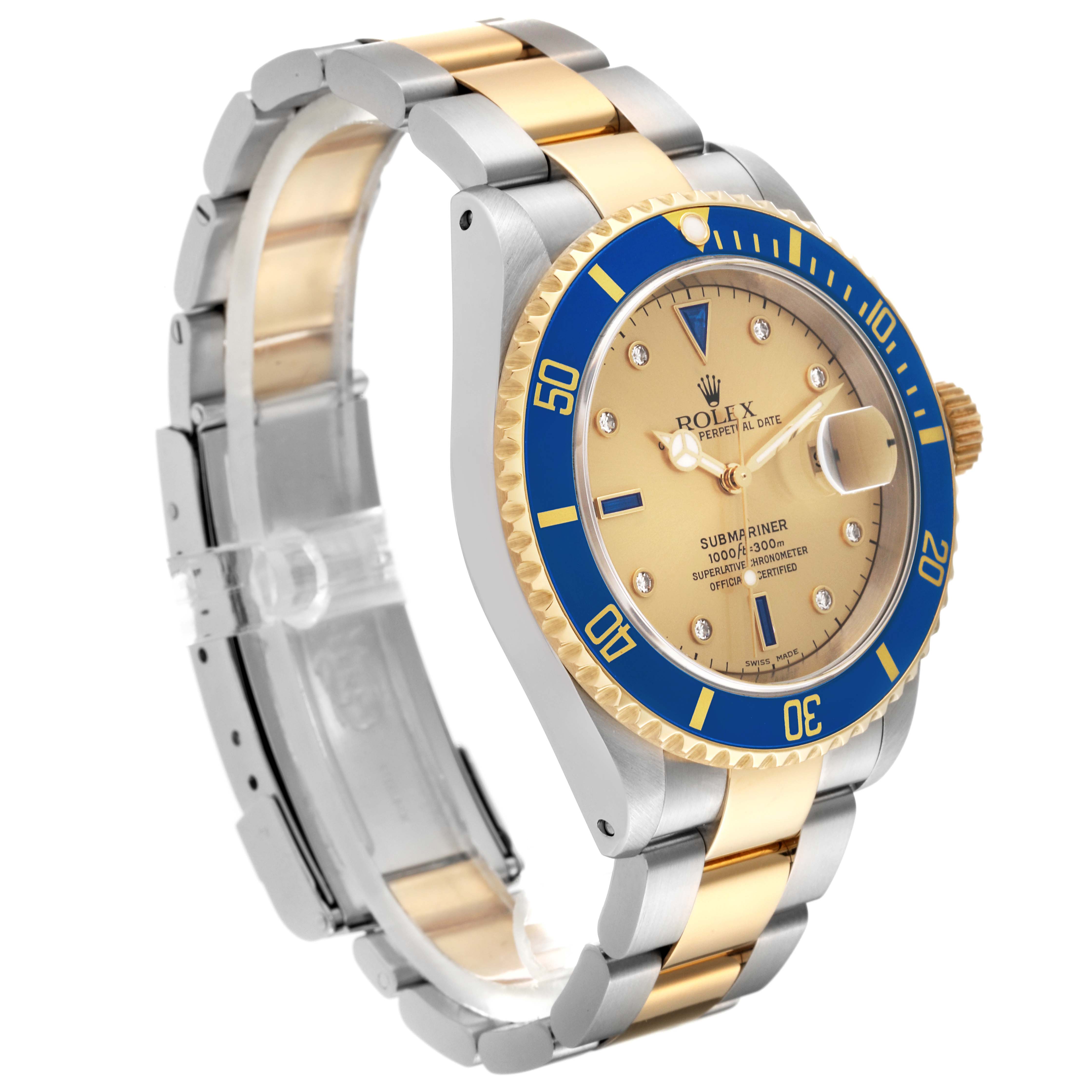 The image shows a side angle of a Rolex Submariner 16613 Men's Steel and Gold (two tone) Champagne Dial 16613 Men's Steel and Gold (two tone) Champagne Dial watch, highlighting the bezel, dial, bracelet, and clasp.