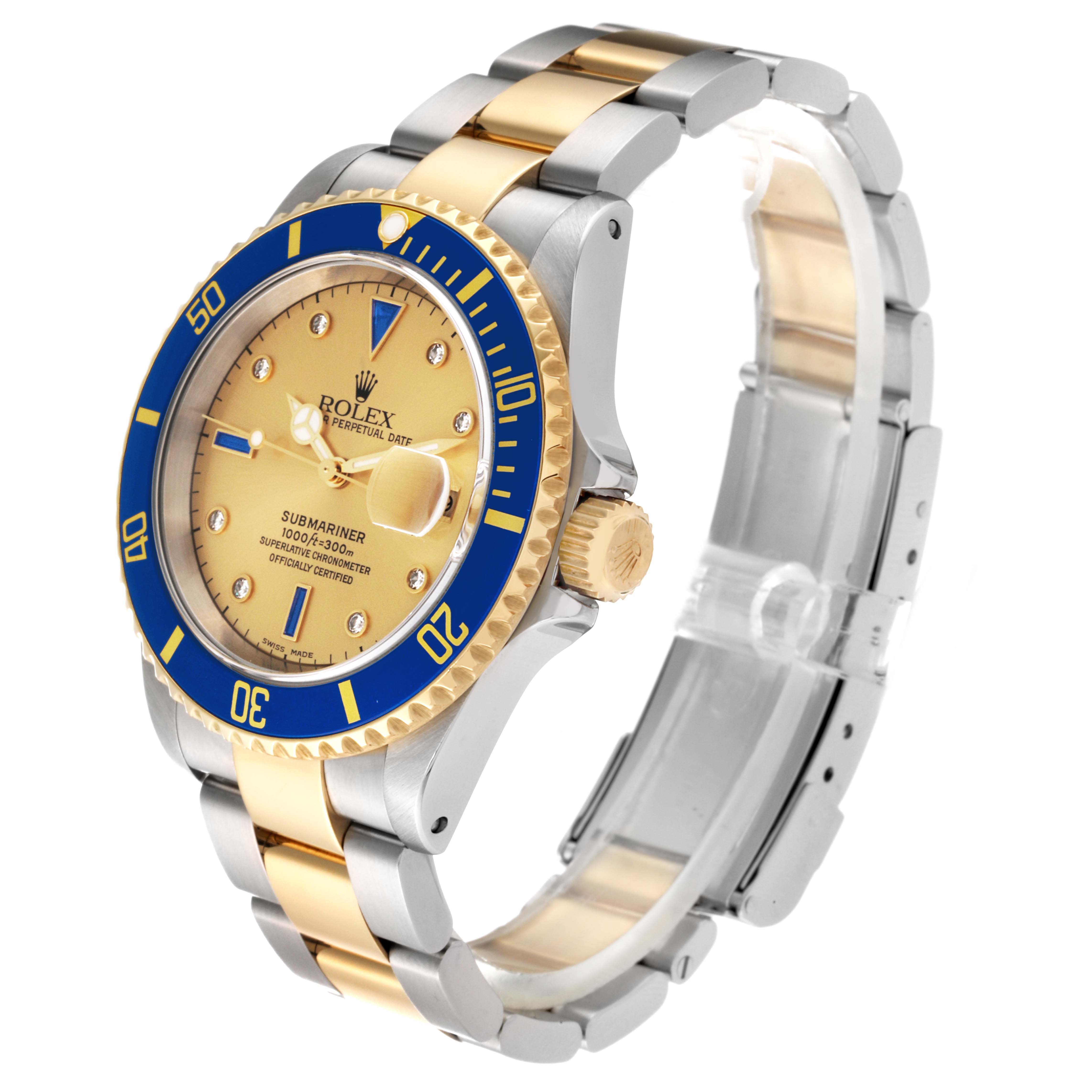 The Rolex Submariner 16613 Men's Steel and Gold (two tone) Champagne Dial 16613 Men's Steel and Gold (two tone) Champagne Dial watch is shown at an oblique angle, highlighting the bezel, dial, crown, and two-tone bracelet.