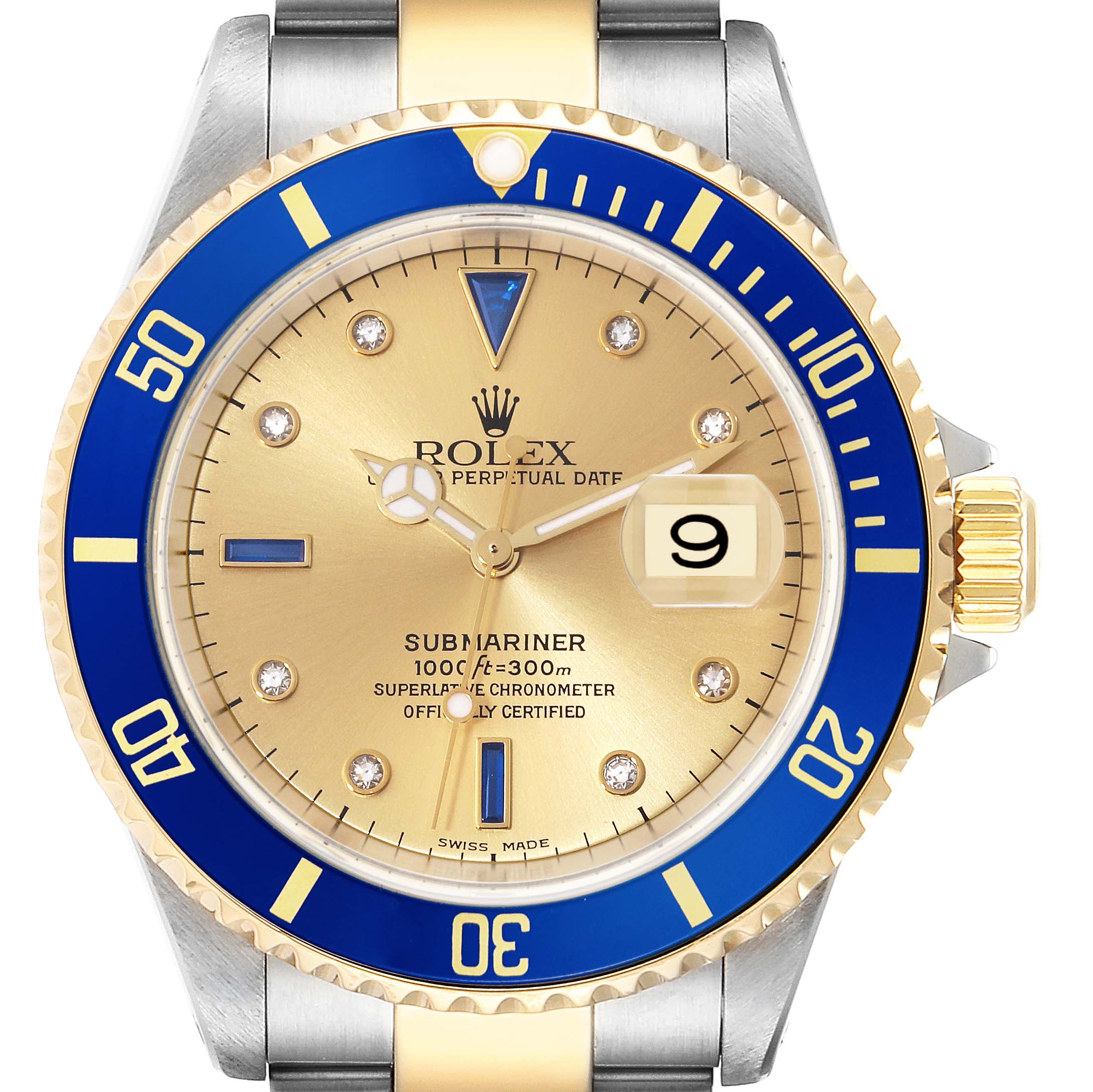 The image shows a front view of a Rolex Submariner 16613 Men's Steel and Gold (two tone) Champagne Dial 16613 Men's Steel and Gold (two tone) Champagne Dial, displaying the dial, bezel, hands, and crown.