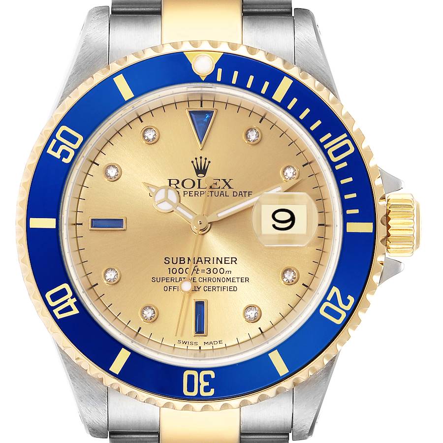 Rolex Submariner Steel Yellow Gold Diamond Sapphire Serti Dial Mens Watch 16613 SwissWatchExpo