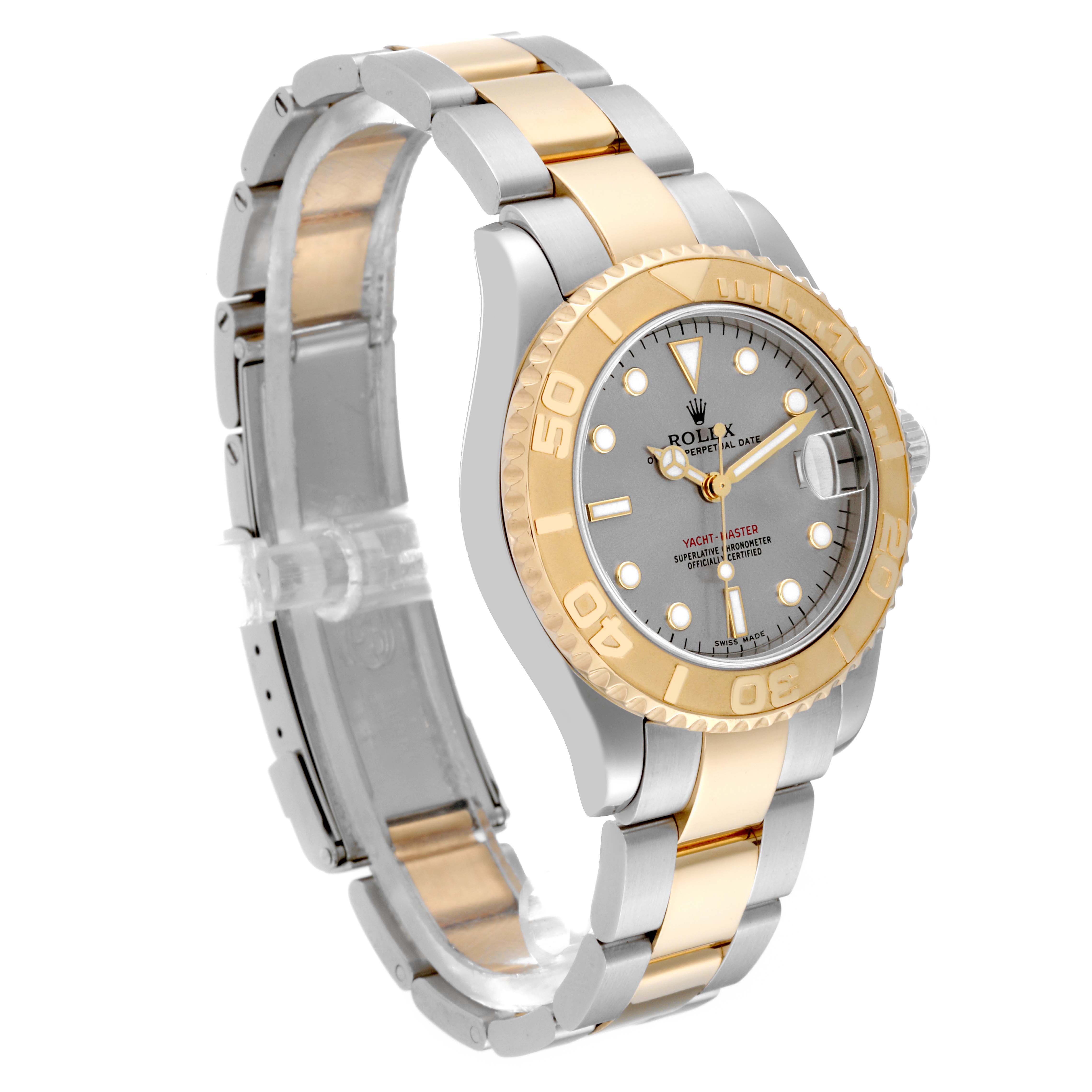 The image shows a Rolex Yacht-Master 168623 Men's Steel and Gold (two tone) Grey Dial 168623 Men's Steel and Gold (two tone) Grey Dial watch at a three-quarter angle, highlighting the dial, bezel, and bracelet.