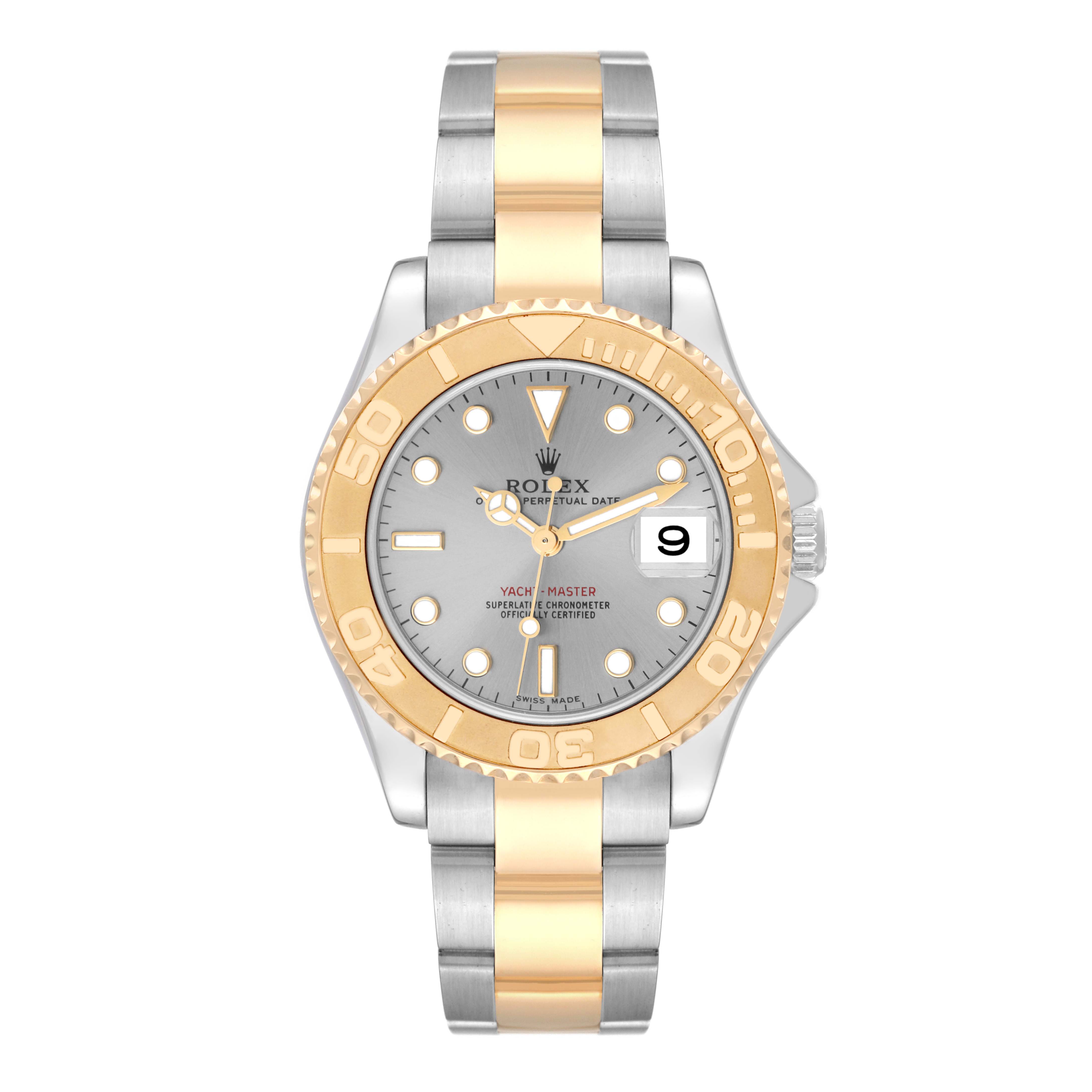 The image shows a front view of a Rolex Yacht-Master 168623 Men's Steel and Gold (two tone) Grey Dial 168623 Men's Steel and Gold (two tone) Grey Dial watch with a two-tone metal bracelet and a gold bezel.