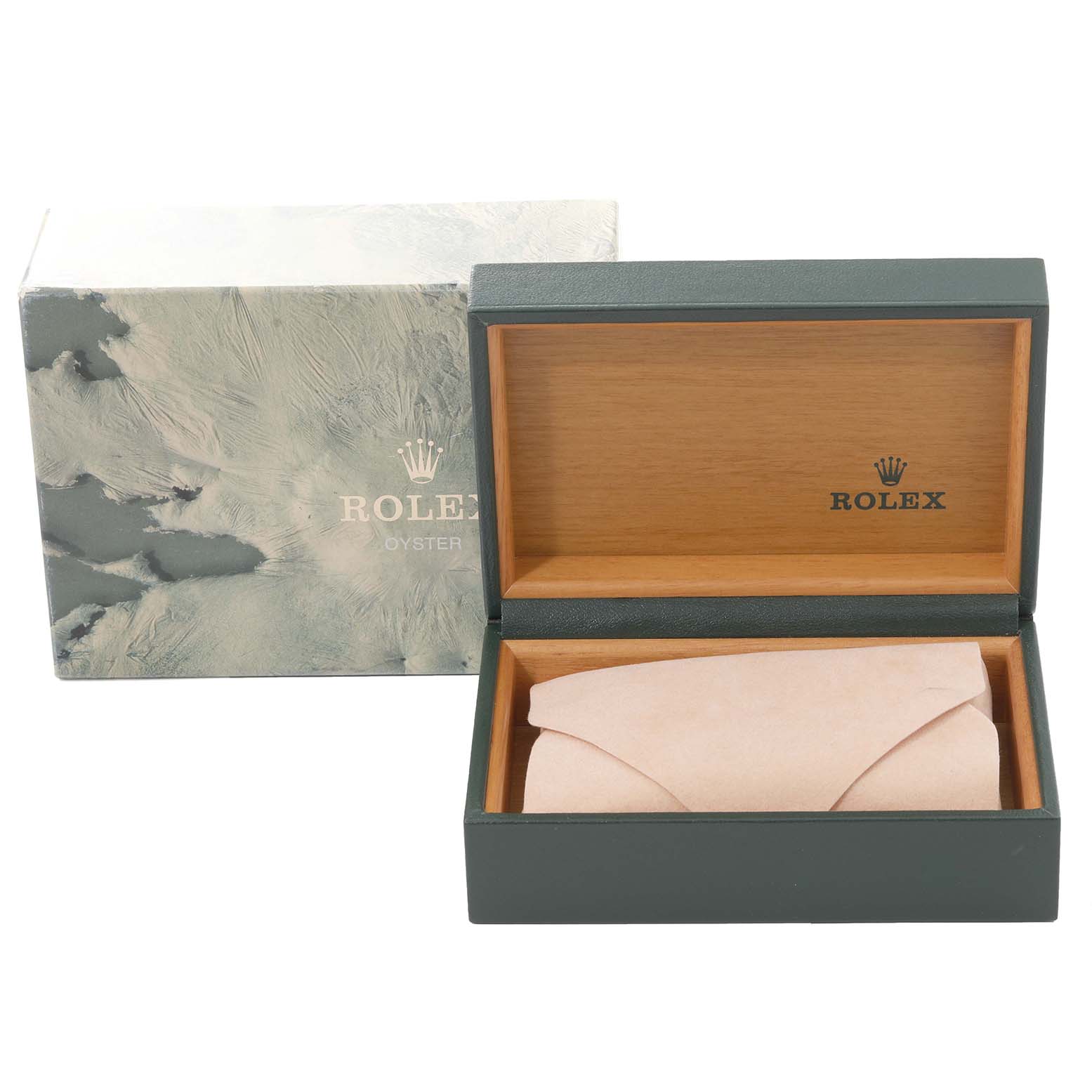 The image shows an open Rolex Yacht-Master 168623 Men's Steel and Gold (two tone) Grey Dial 168623 Men's Steel and Gold (two tone) Grey Dial watch box with the inner cushion and an outer cardboard box.