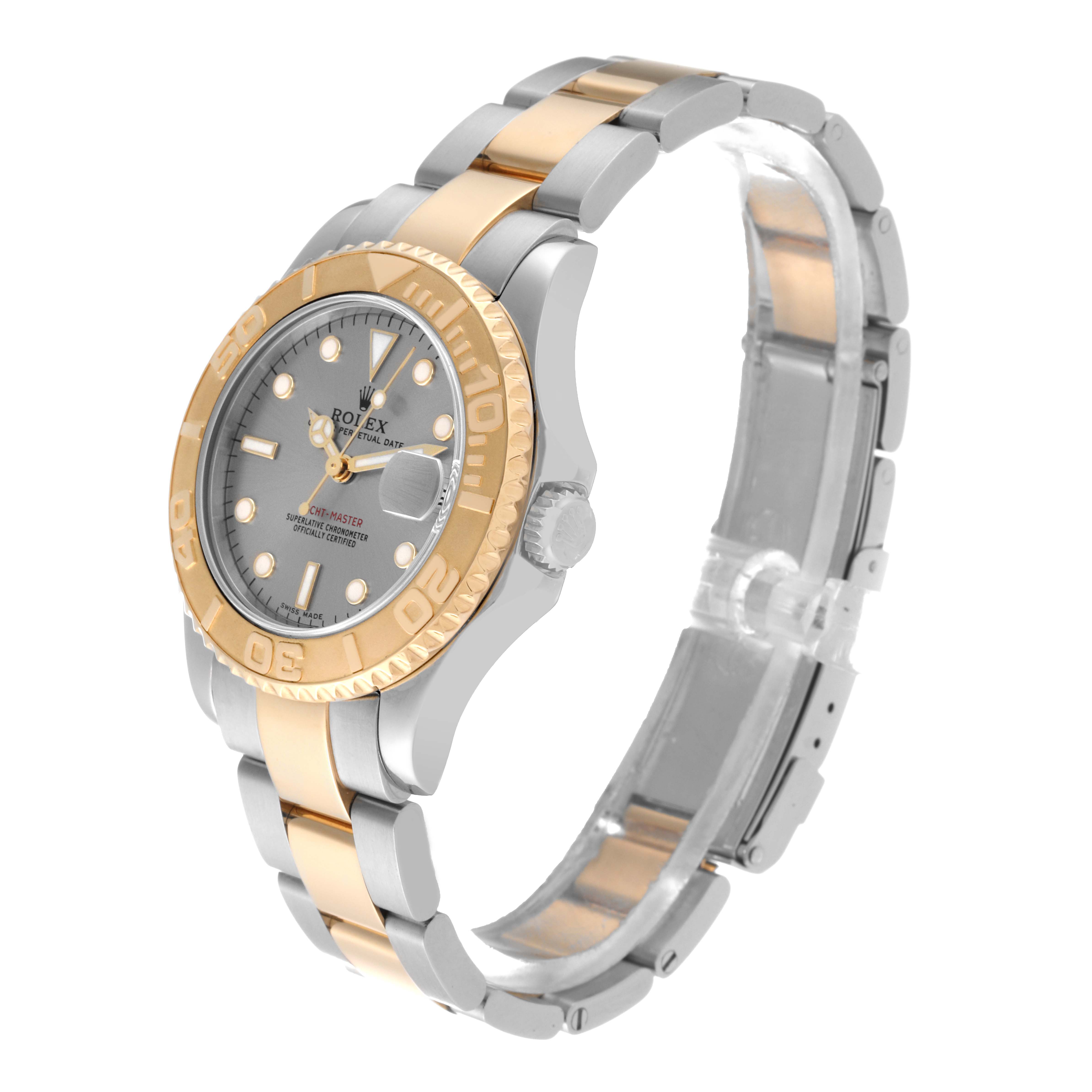 This image shows a side-angle view of a Rolex Yacht-Master 168623 Men's Steel and Gold (two tone) Grey Dial 168623 Men's Steel and Gold (two tone) Grey Dial, highlighting the bezel, dial, and bracelet.