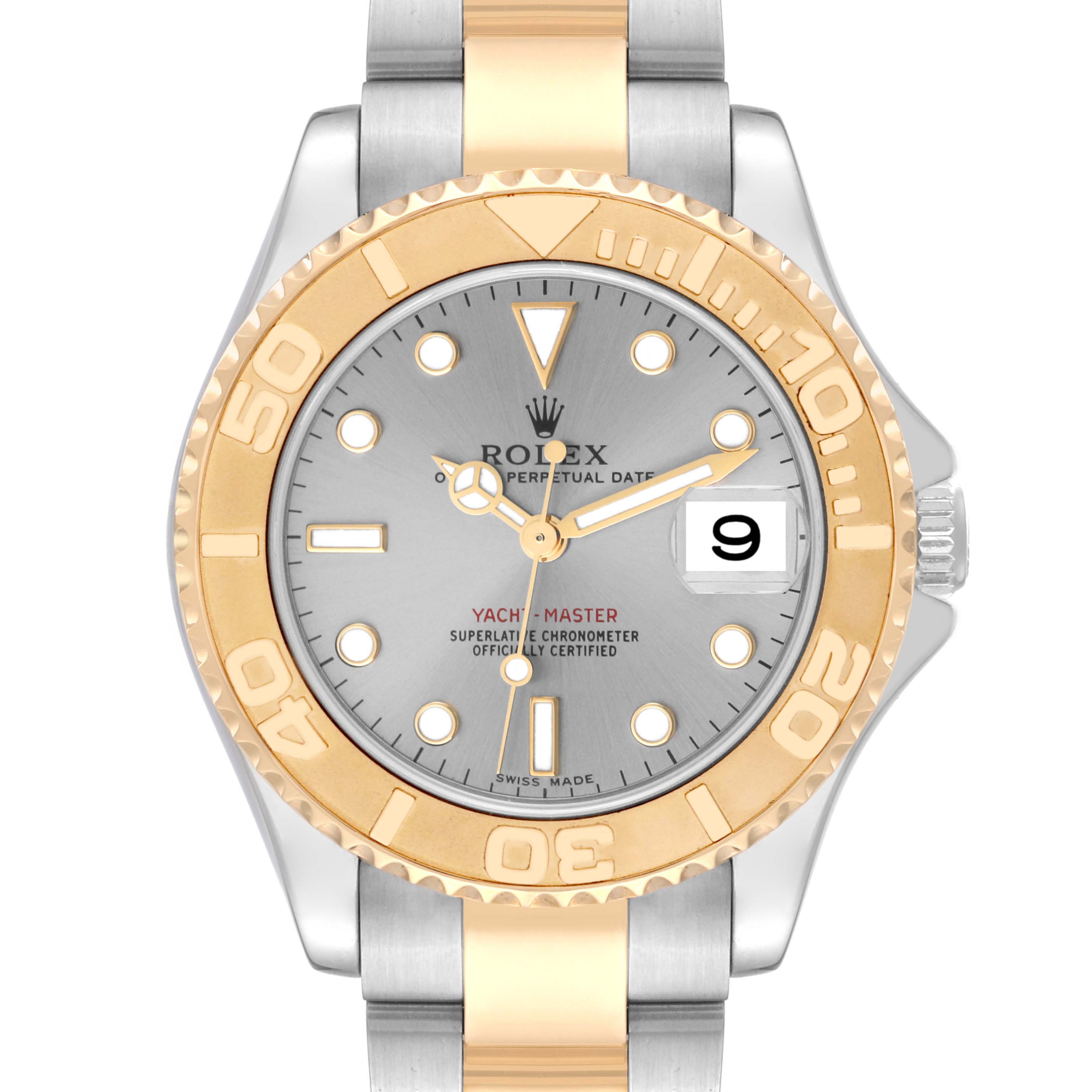 The Rolex Yacht-Master 168623 Men's Steel and Gold (two tone) Grey Dial 168623 Men's Steel and Gold (two tone) Grey Dial watch is shown from a front angle, highlighting its gold bezel and silver dial with date display.