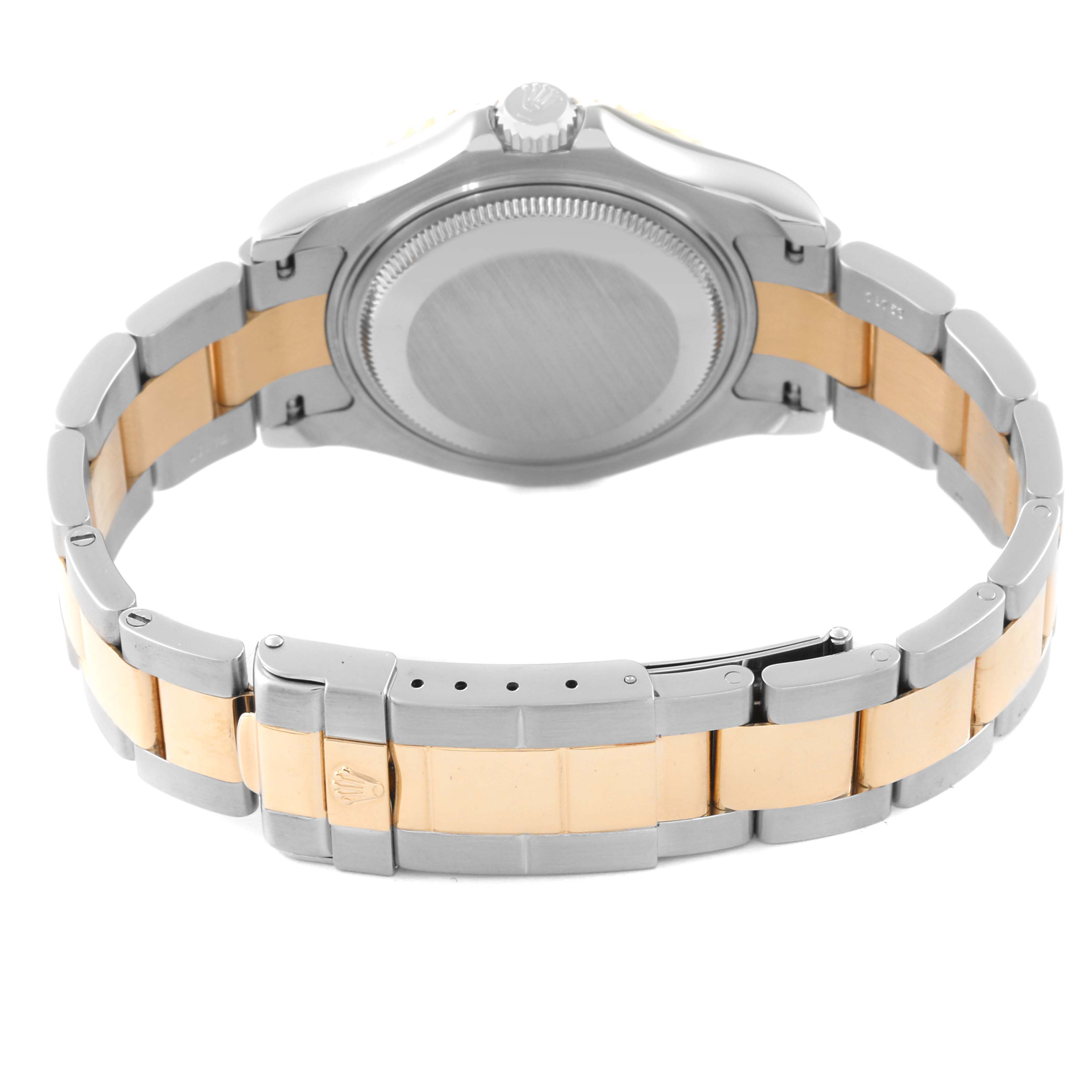The image shows the back and bracelet of the Rolex Yacht-Master 168623 Men's Steel and Gold (two tone) Grey Dial 168623 Men's Steel and Gold (two tone) Grey Dial watch, featuring a two-tone metal design.
