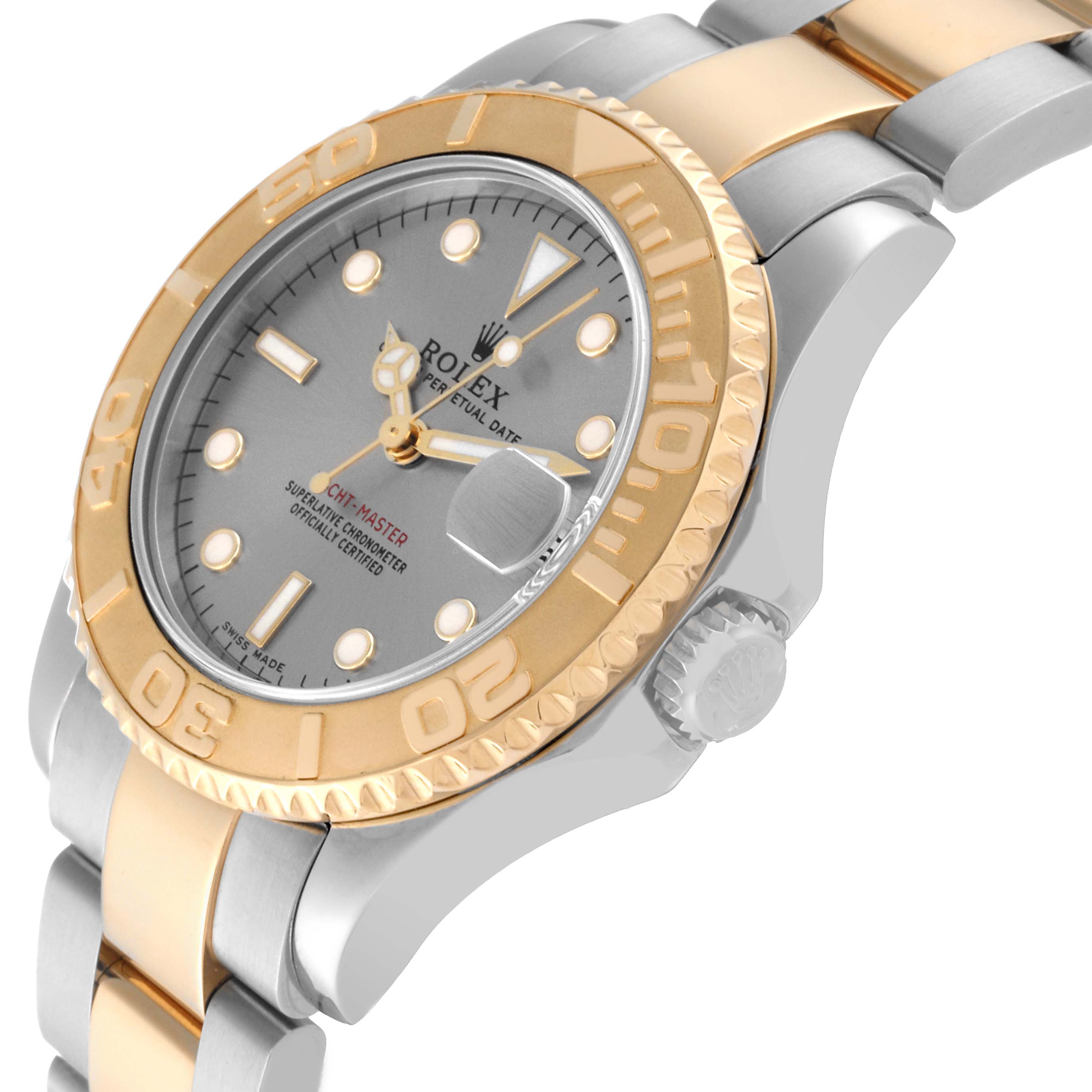 The image shows a side and slightly angled view of a Rolex Yacht-Master 168623 Men's Steel and Gold (two tone) Grey Dial 168623 Men's Steel and Gold (two tone) Grey Dial, focusing on the bezel, dial, crown, and two-tone bracelet.