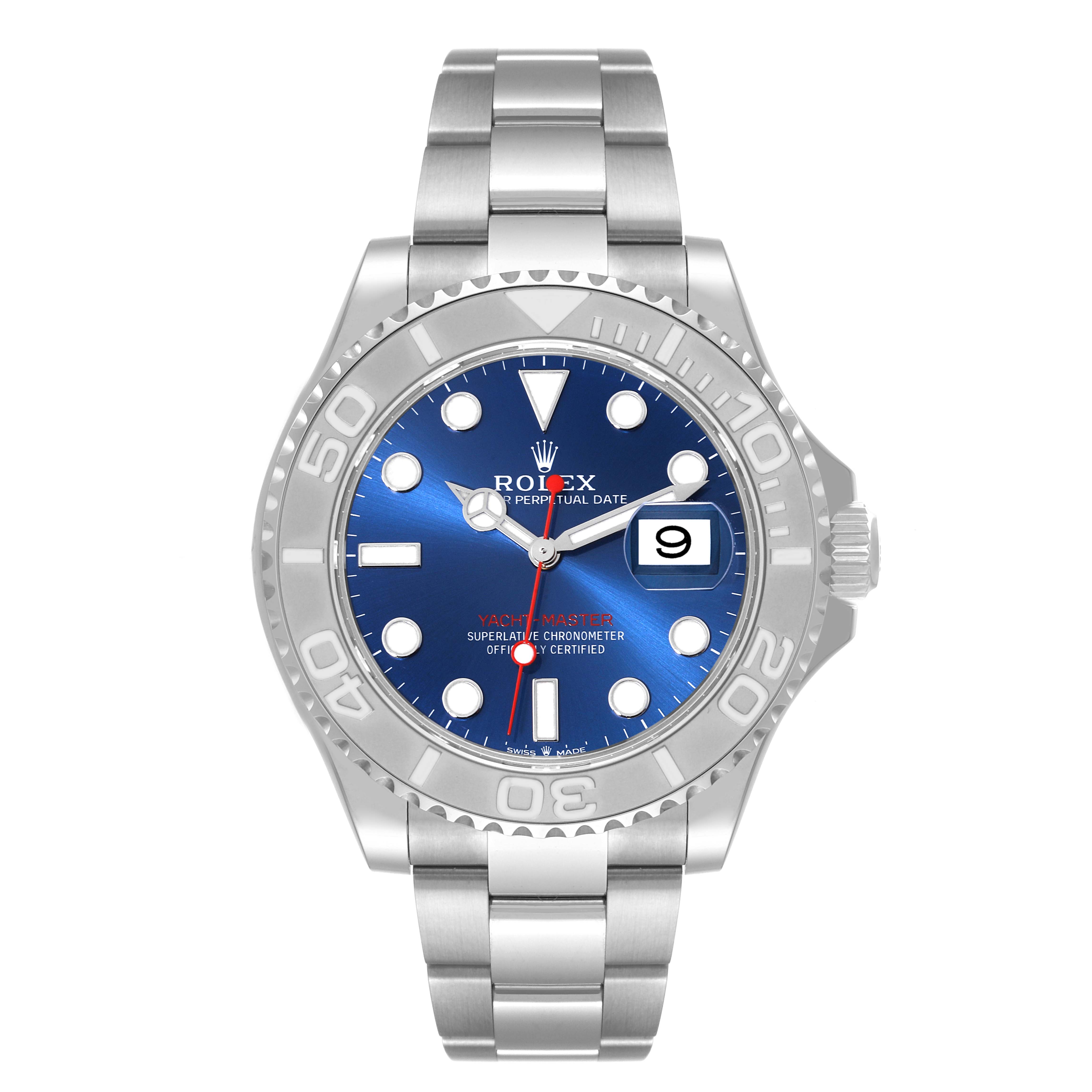 The image shows a front view of the Rolex Yacht-Master 126622 Men
s Stainless Steel Blue Dial 126622 Men
s Stainless Steel Blue Dial watch, displaying its face, bezel, and metal bracelet.