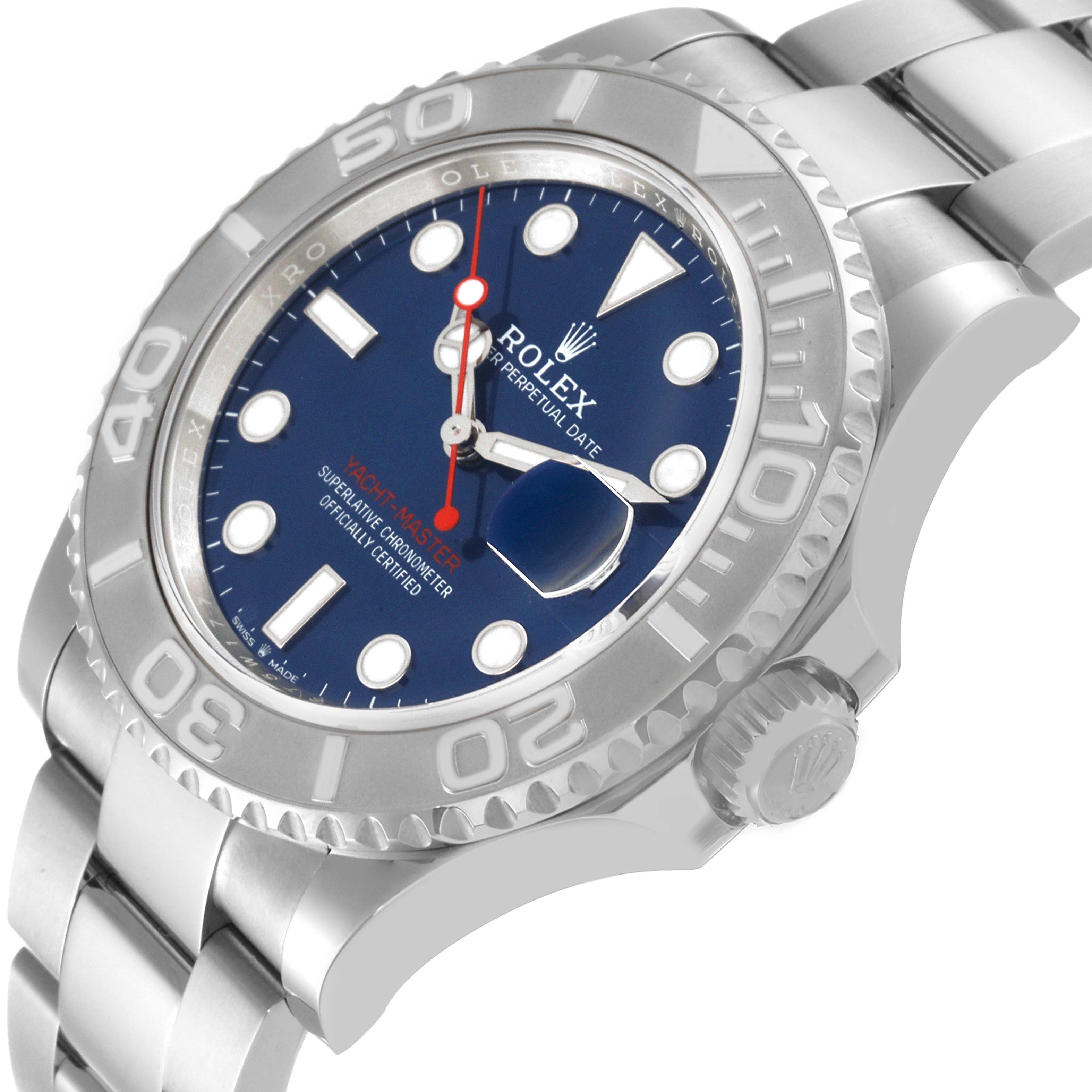 The Rolex Yacht-Master 126622 Men
s Stainless Steel Blue Dial 126622 Men
s Stainless Steel Blue Dial watch is shown at a slight angle, highlighting the blue dial, bezel, crown, and part of the bracelet.