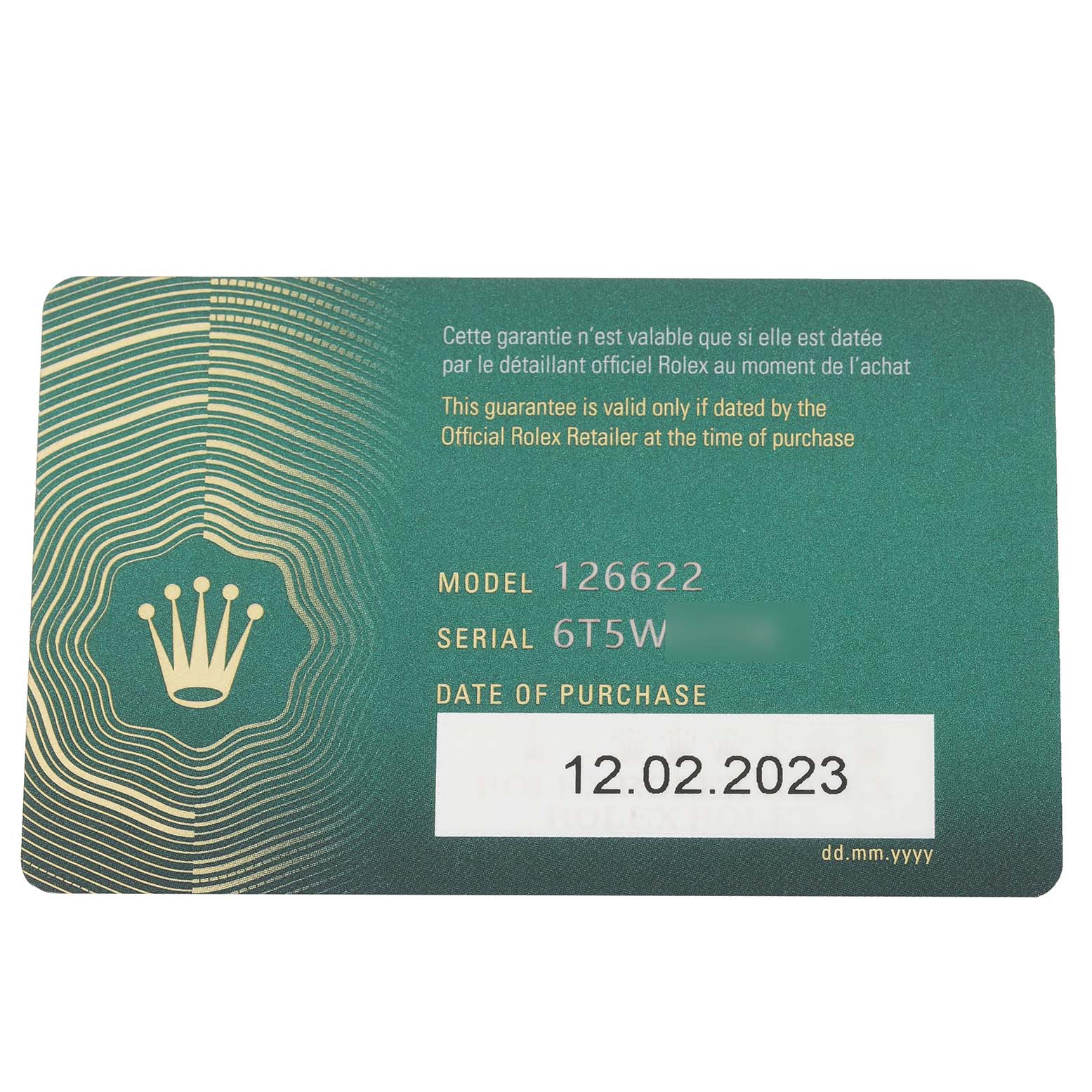 This image shows a warranty card for the Yacht-Master model by Rolex, displaying model and serial numbers, purchase date, and the Rolex logo.