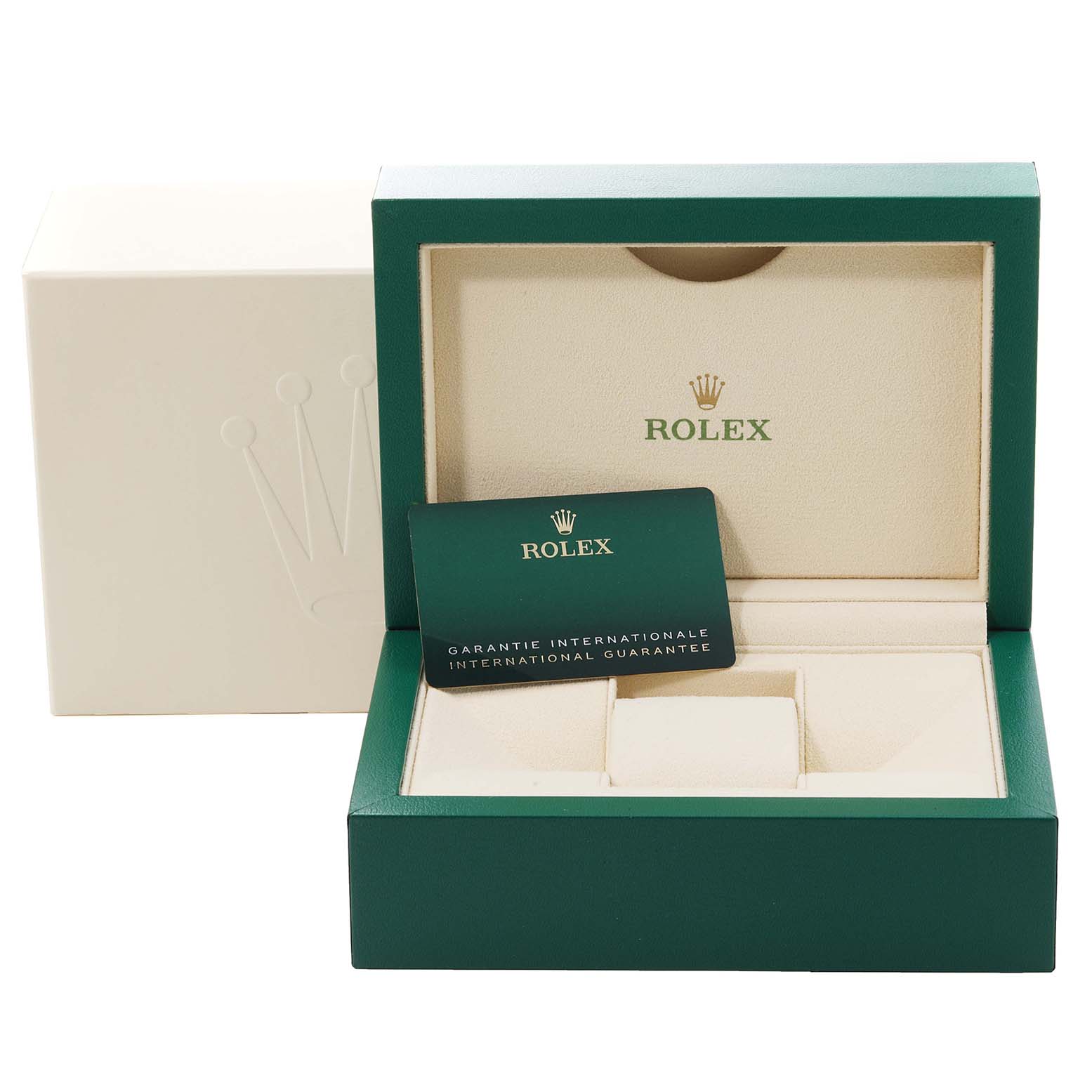 This image shows a Rolex Yacht-Master 126622 Men
s Stainless Steel Blue Dial 126622 Men
s Stainless Steel Blue Dial watch box with an international guarantee card.