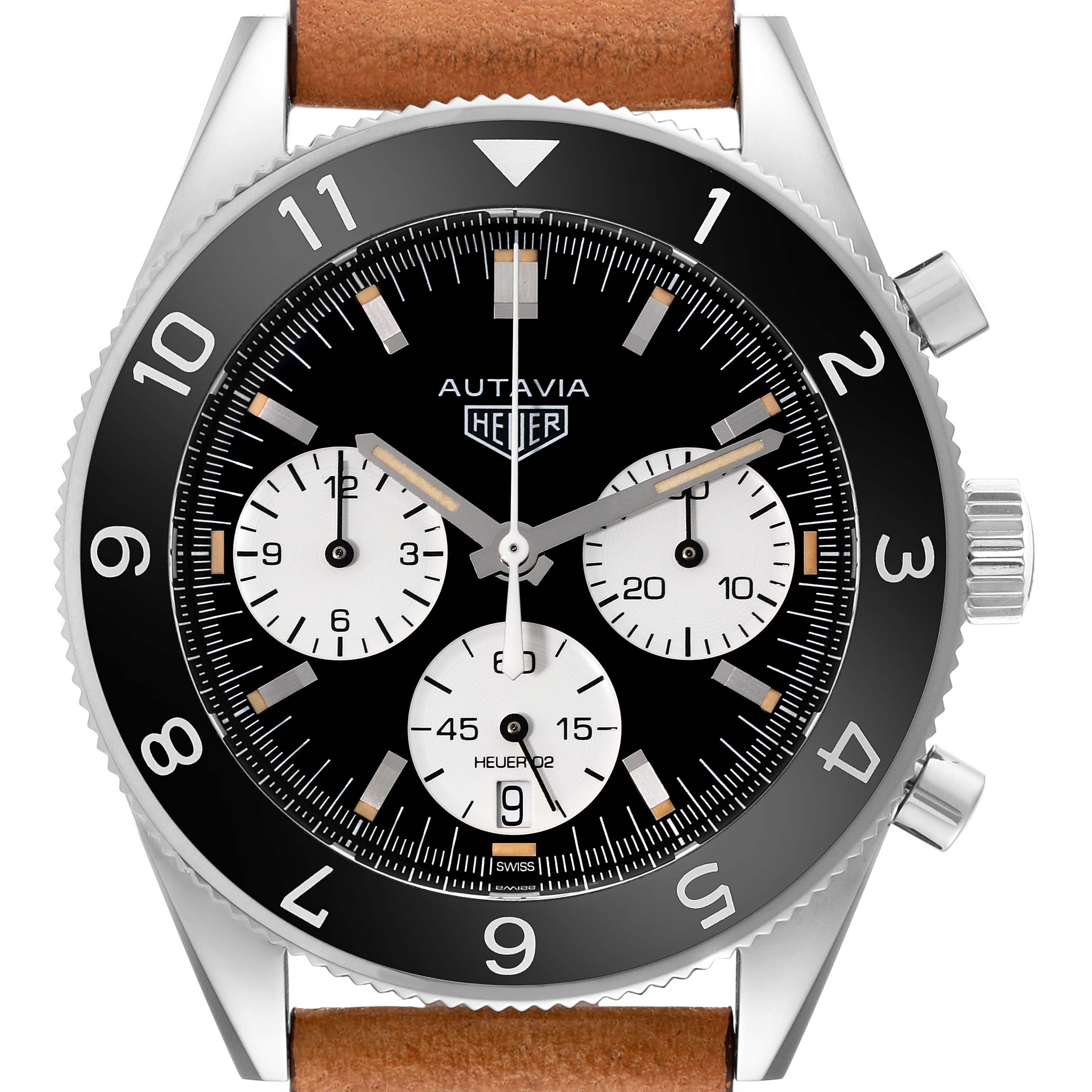 The image shows a front view of the Tag Heuer Autavia CBE2110 Men's Stainless Steel Black Dial CBE2110 Men's Stainless Steel Black Dial watch, highlighting its black dial, chronograph sub-dials, and bezel.