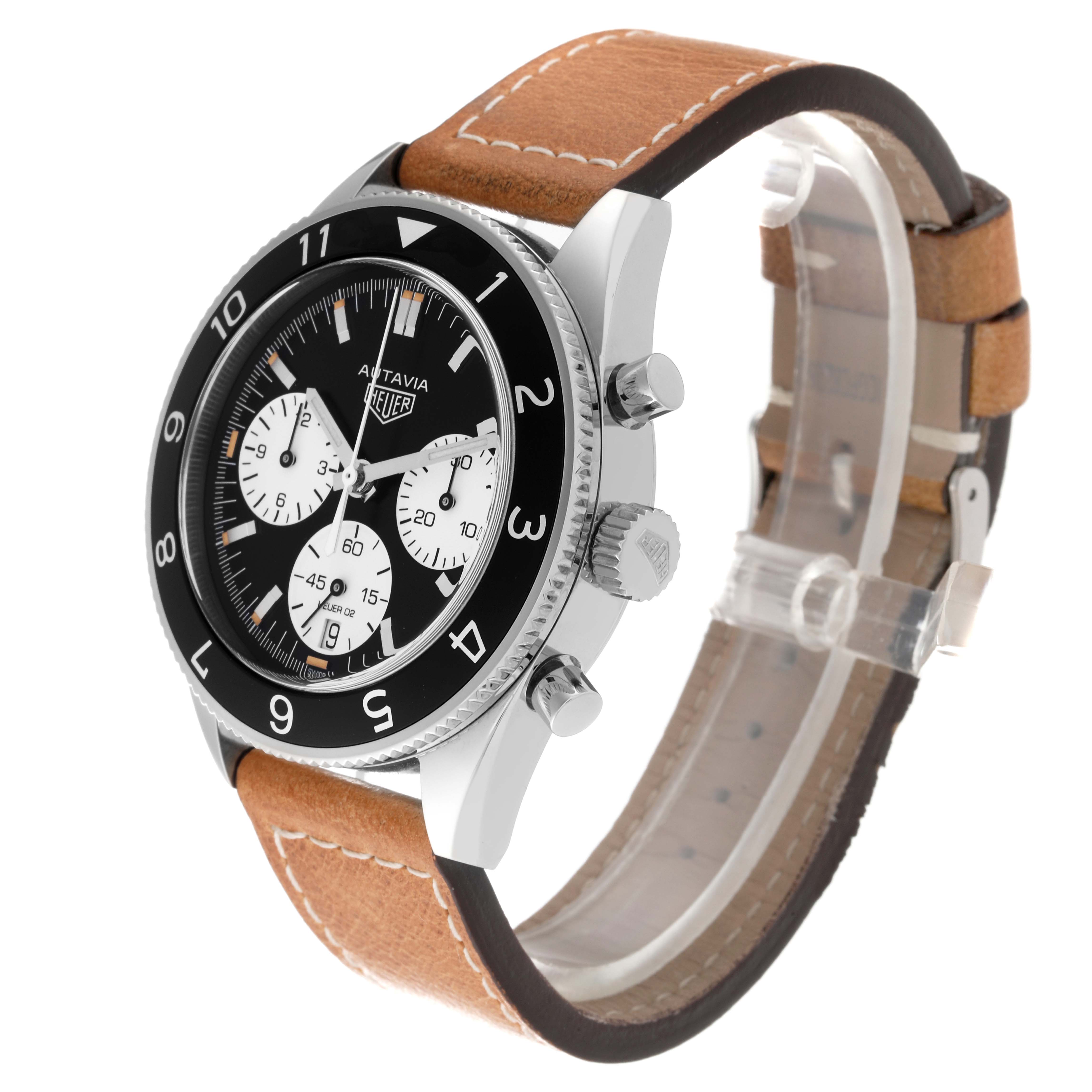 The image shows a side and front view of a Tag Heuer Autavia CBE2110 Men's Stainless Steel Black Dial CBE2110 Men's Stainless Steel Black Dial watch with a brown leather strap, black bezel, and three white sub-dials.