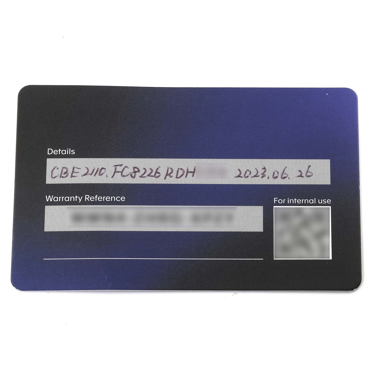 The image shows a warranty card for the Tag Heuer Autavia CBE2110 Men's Stainless Steel Black Dial CBE2110 Men's Stainless Steel Black Dial model, displaying details and a warranty reference.