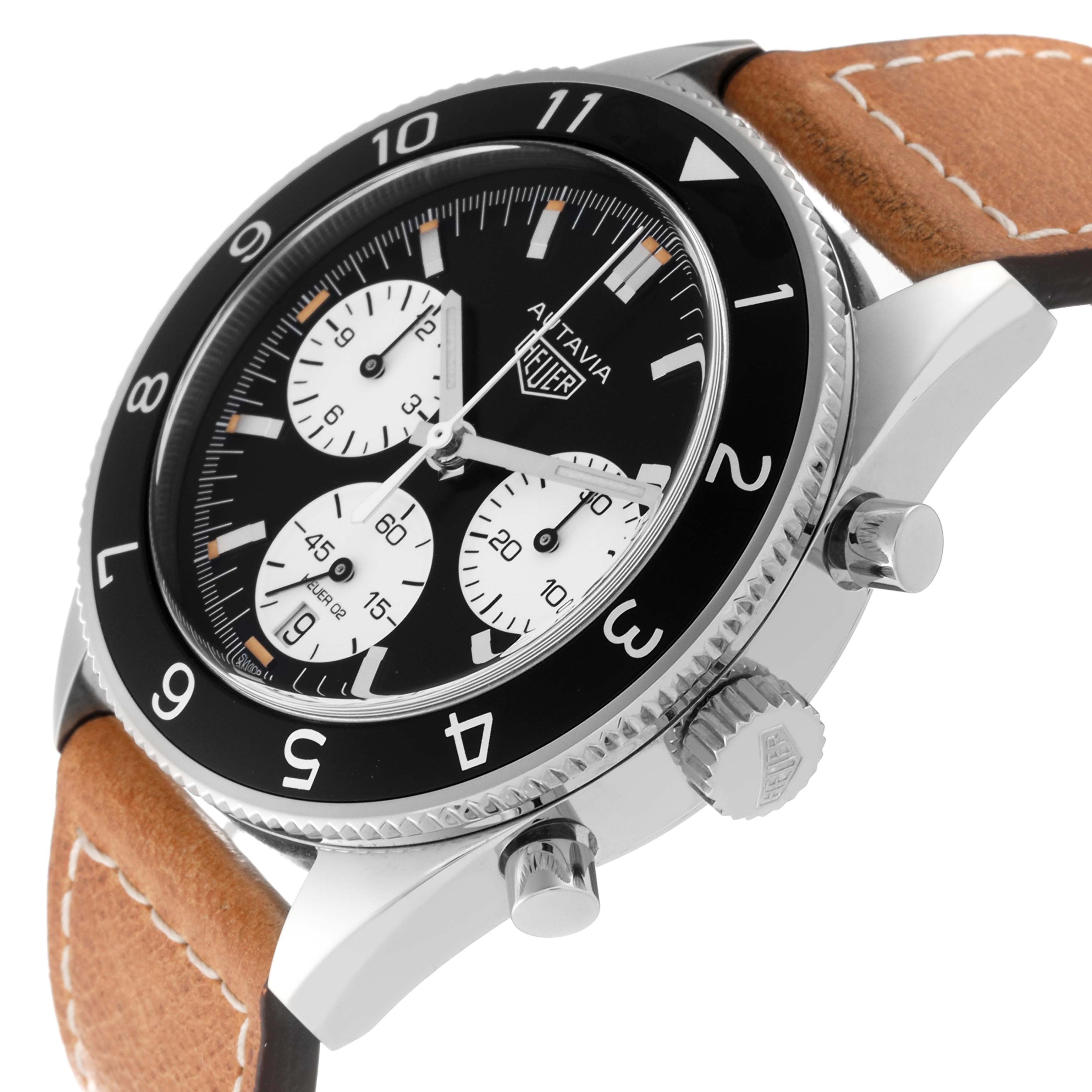 The image shows a side view of the Tag Heuer Autavia CBE2110 Men's Stainless Steel Black Dial CBE2110 Men's Stainless Steel Black Dial watch, highlighting its dial, bezel, crown, and leather strap.