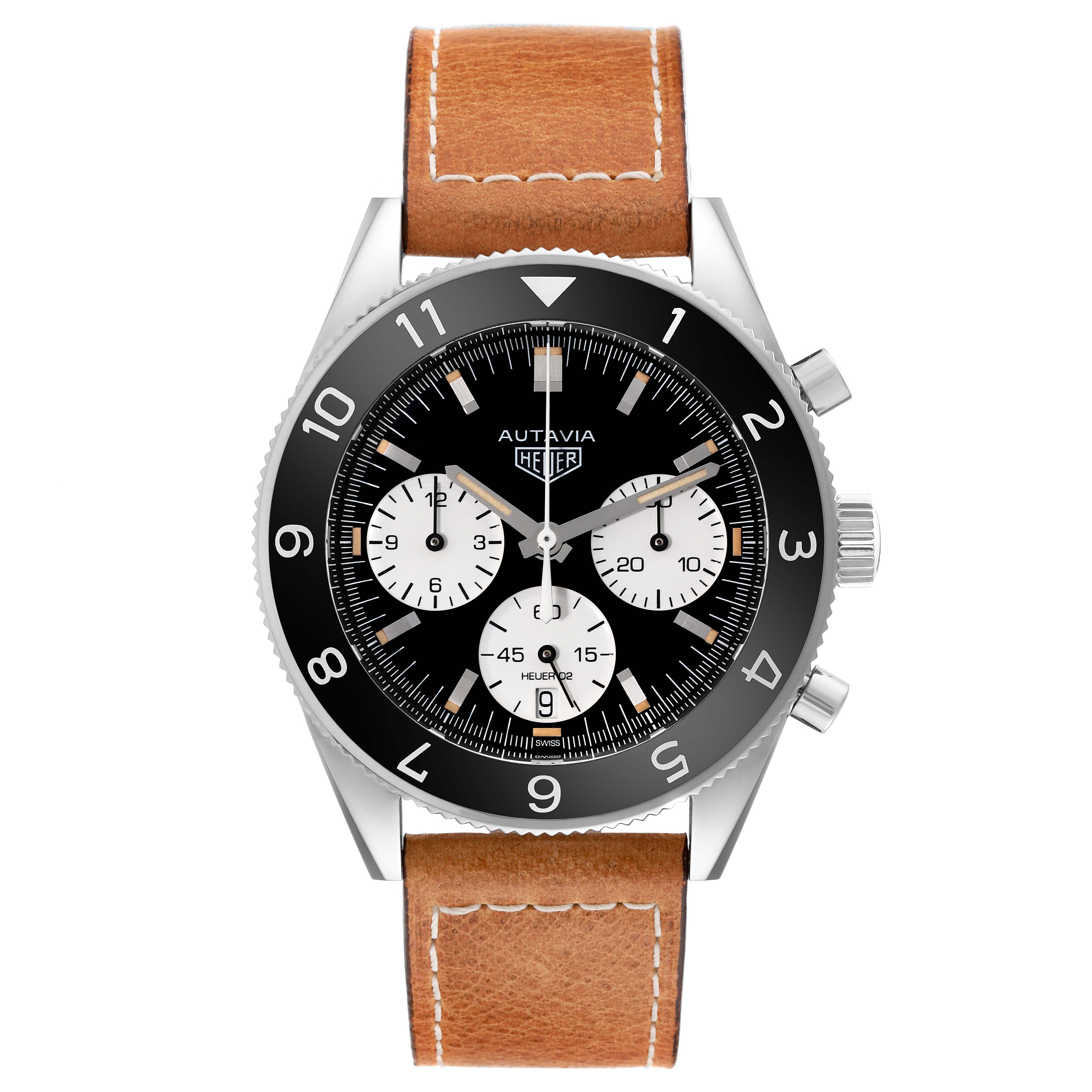 The image shows a front view of a Tag Heuer Autavia CBE2110 Men's Stainless Steel Black Dial CBE2110 Men's Stainless Steel Black Dial watch with a brown leather strap and black dial.