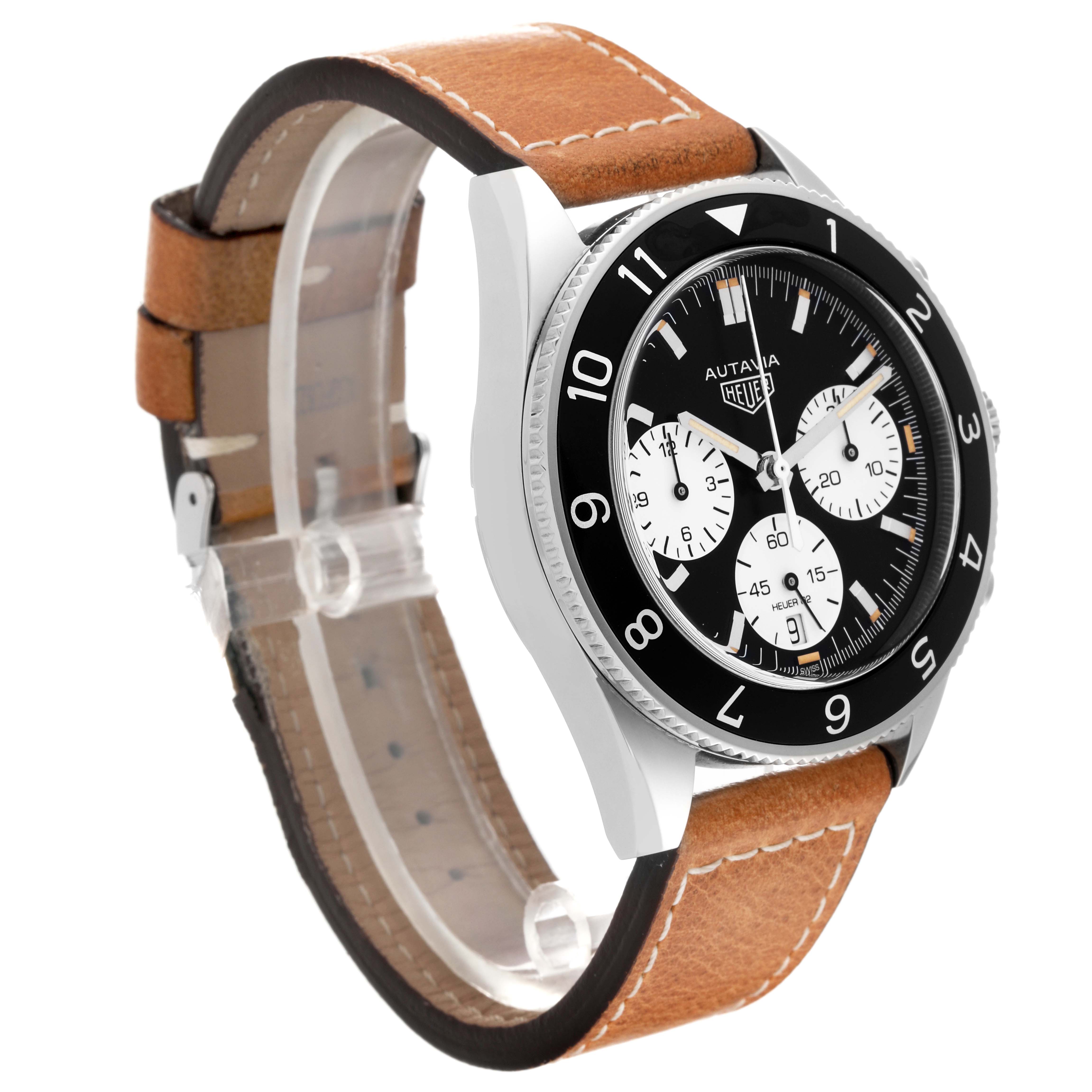 The Tag Heuer Autavia CBE2110 Men's Stainless Steel Black Dial CBE2110 Men's Stainless Steel Black Dial watch is shown at an angled side view, highlighting its brown leather strap and black dial with white subdials.