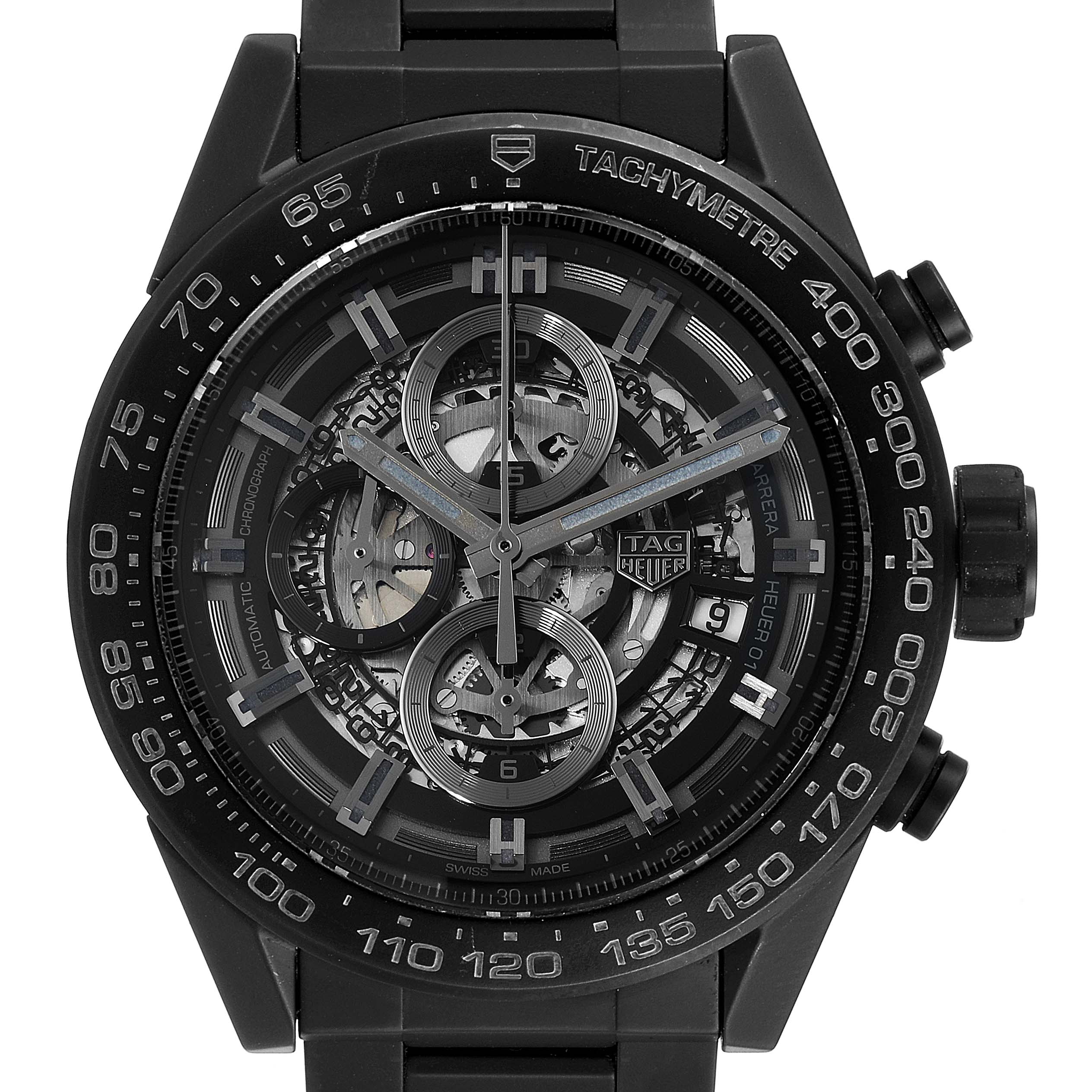 The image shows a front view of the Tag Heuer Carrera CAR2A91.BH0742 Men's Titanium Black Dial CAR2A91.BH0742 Men's Titanium Black Dial watch, highlighting its intricate dial, tachymeter bezel, and chronograph subdials.
