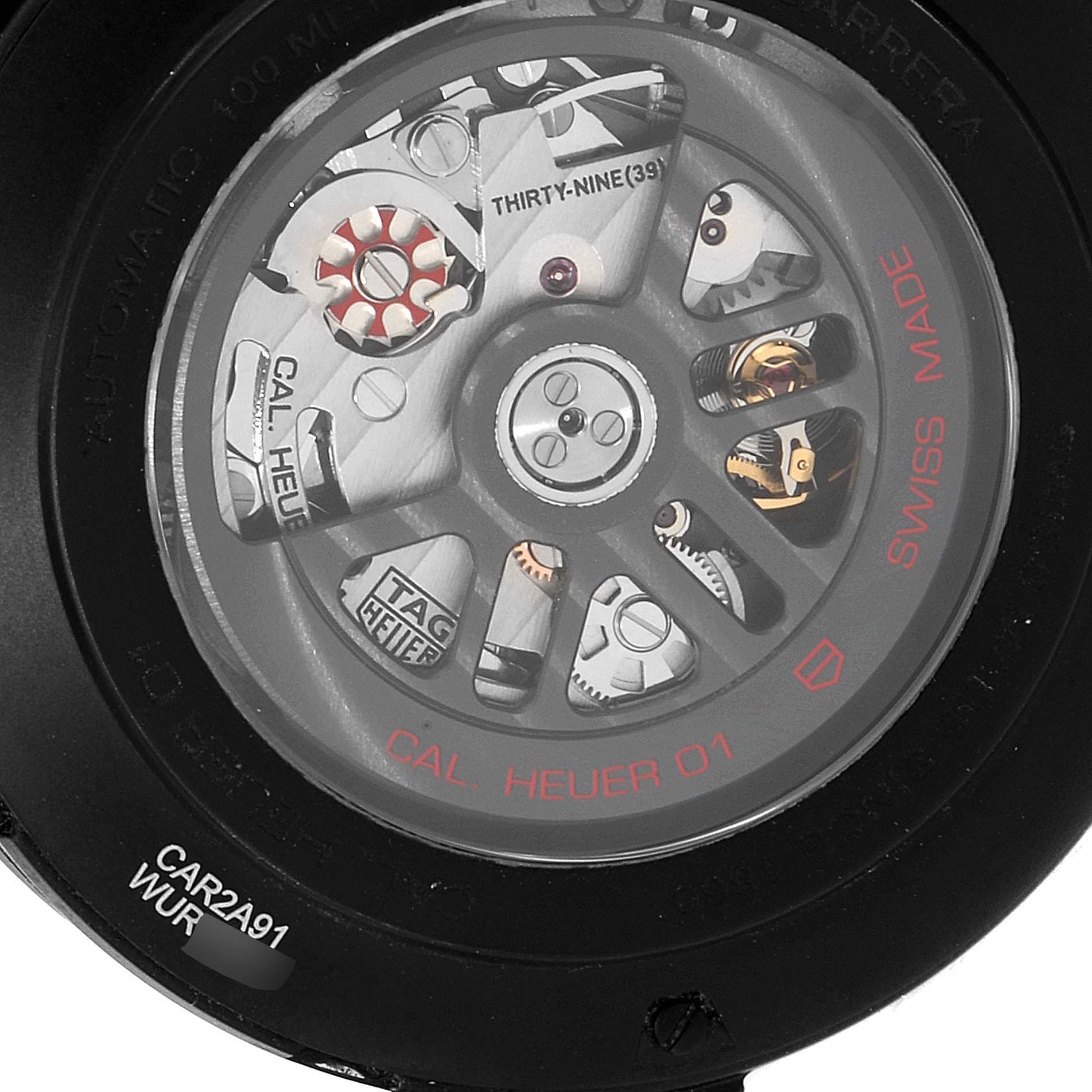 This image shows the back view of a Tag Heuer Carrera CAR2A91.BH0742 Men's Titanium Black Dial CAR2A91.BH0742 Men's Titanium Black Dial watch, highlighting its internal mechanism and automatic movement.