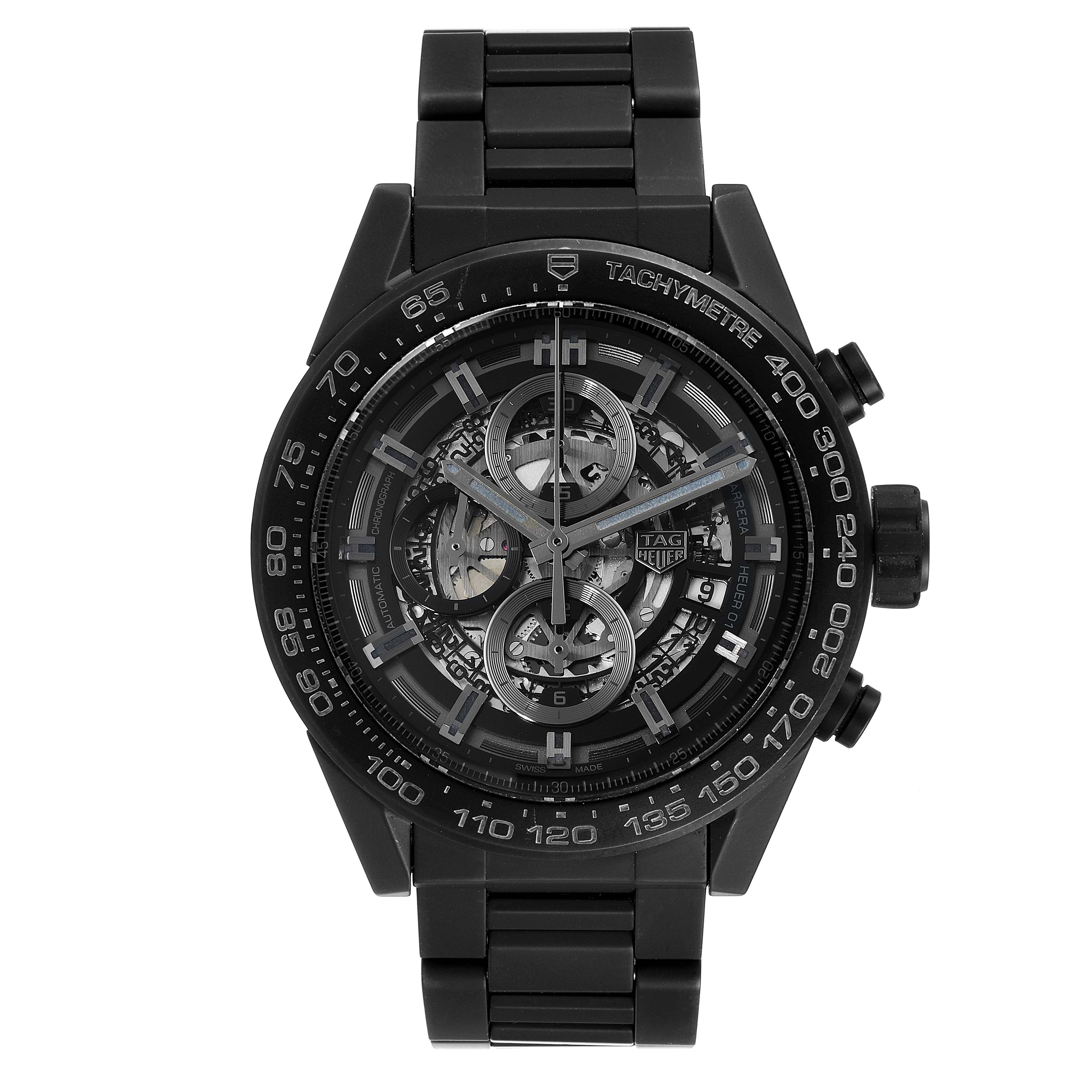 This Tag Heuer Carrera CAR2A91.BH0742 Men's Titanium Black Dial CAR2A91.BH0742 Men's Titanium Black Dial model watch is shown from a front angle, displaying its dial, bezel, and bracelet.