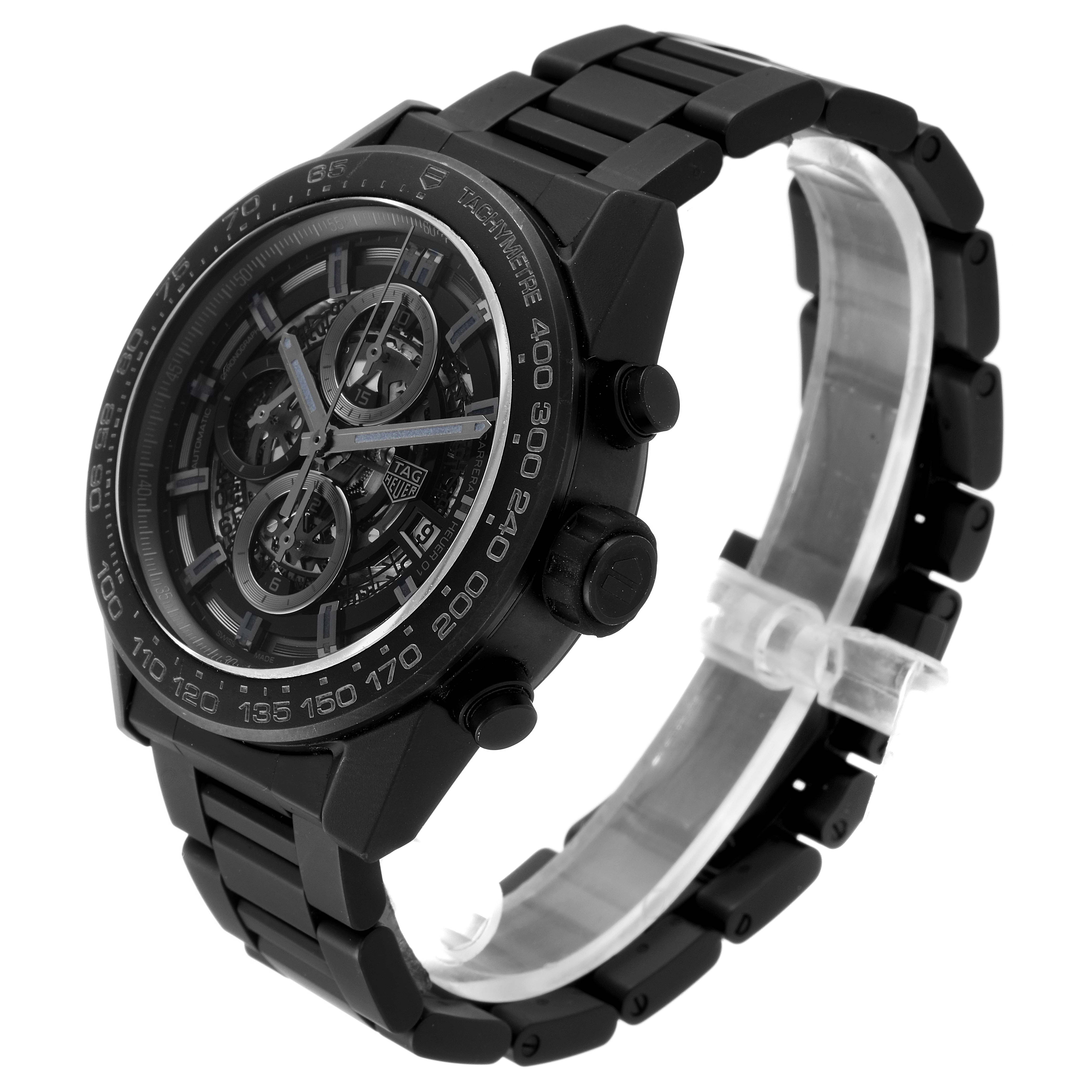 This image displays a side angle of the Tag Heuer Carrera CAR2A91.BH0742 Men's Titanium Black Dial CAR2A91.BH0742 Men's Titanium Black Dial watch, highlighting its face, bezel, and black bracelet.