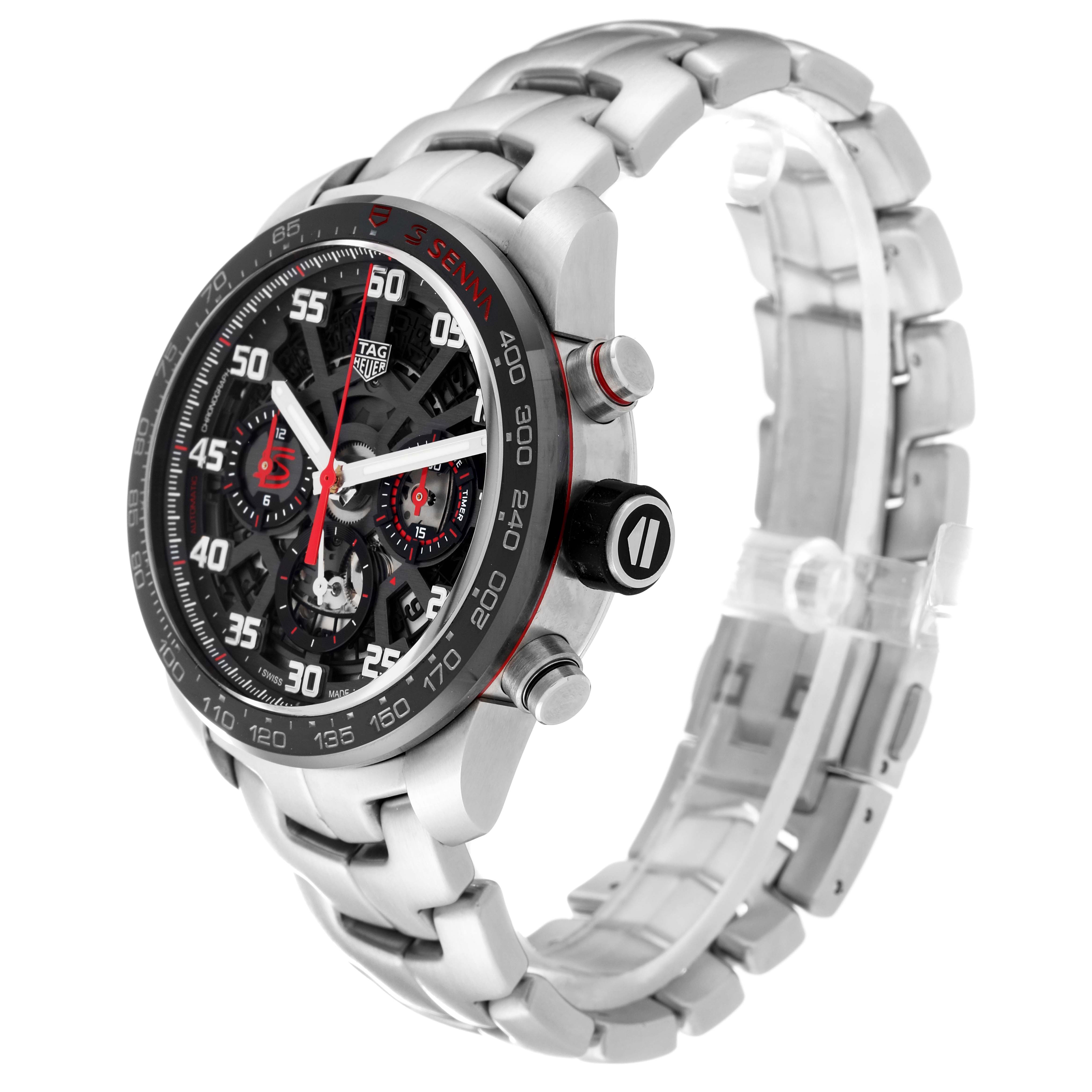 The image shows a Tag Heuer Carrera CBG2013.BA0657 Men's Stainless Steel Black Dial CBG2013.BA0657 Men's Stainless Steel Black Dial watch from a slightly angled side view, displaying its face, bezel, crown, and metal bracelet.