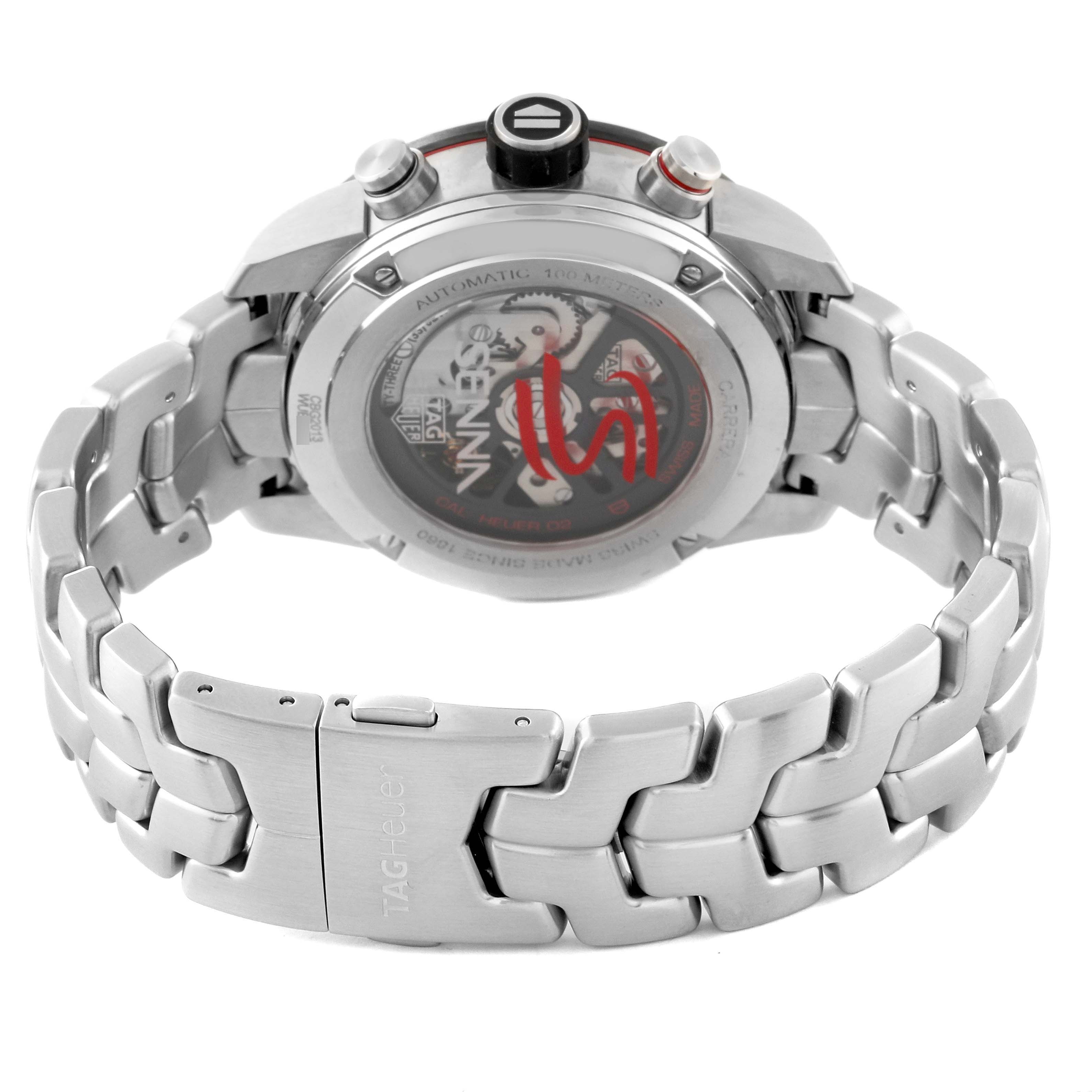 The image shows the back view of the Tag Heuer Carrera CBG2013.BA0657 Men's Stainless Steel Black Dial CBG2013.BA0657 Men's Stainless Steel Black Dial watch, highlighting the bracelet, clasp, and case back.