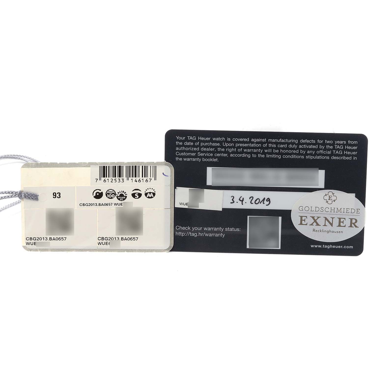 The image shows the warranty card and the tag for the Tag Heuer Carrera CBG2013.BA0657 Men's Stainless Steel Black Dial CBG2013.BA0657 Men's Stainless Steel Black Dial model watch.