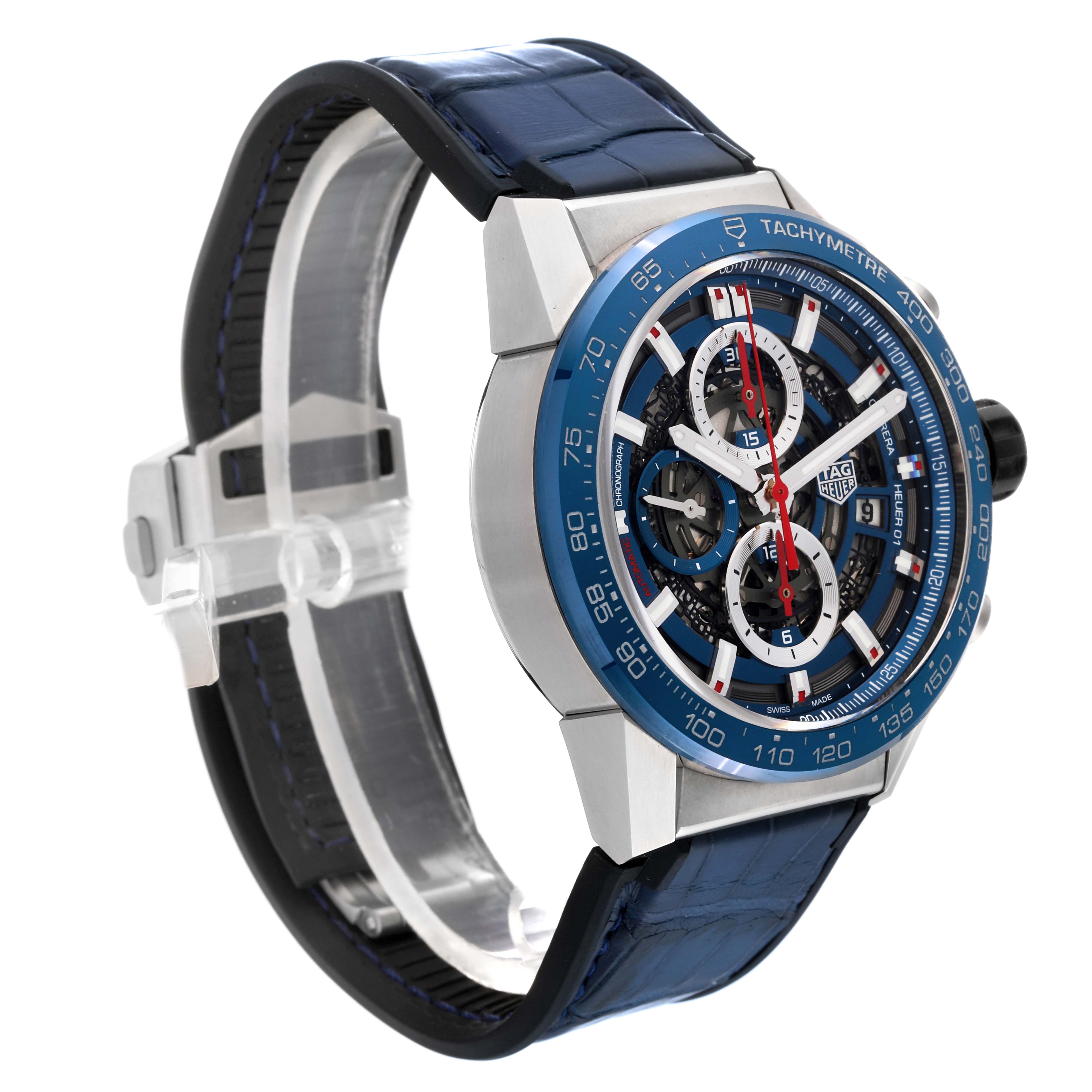 The image shows a side-angle view of a Tag Heuer Carrera CAR201T Men's Stainless Steel Blue Dial CAR201T Men's Stainless Steel Blue Dial watch, highlighting its blue band and intricate face design.