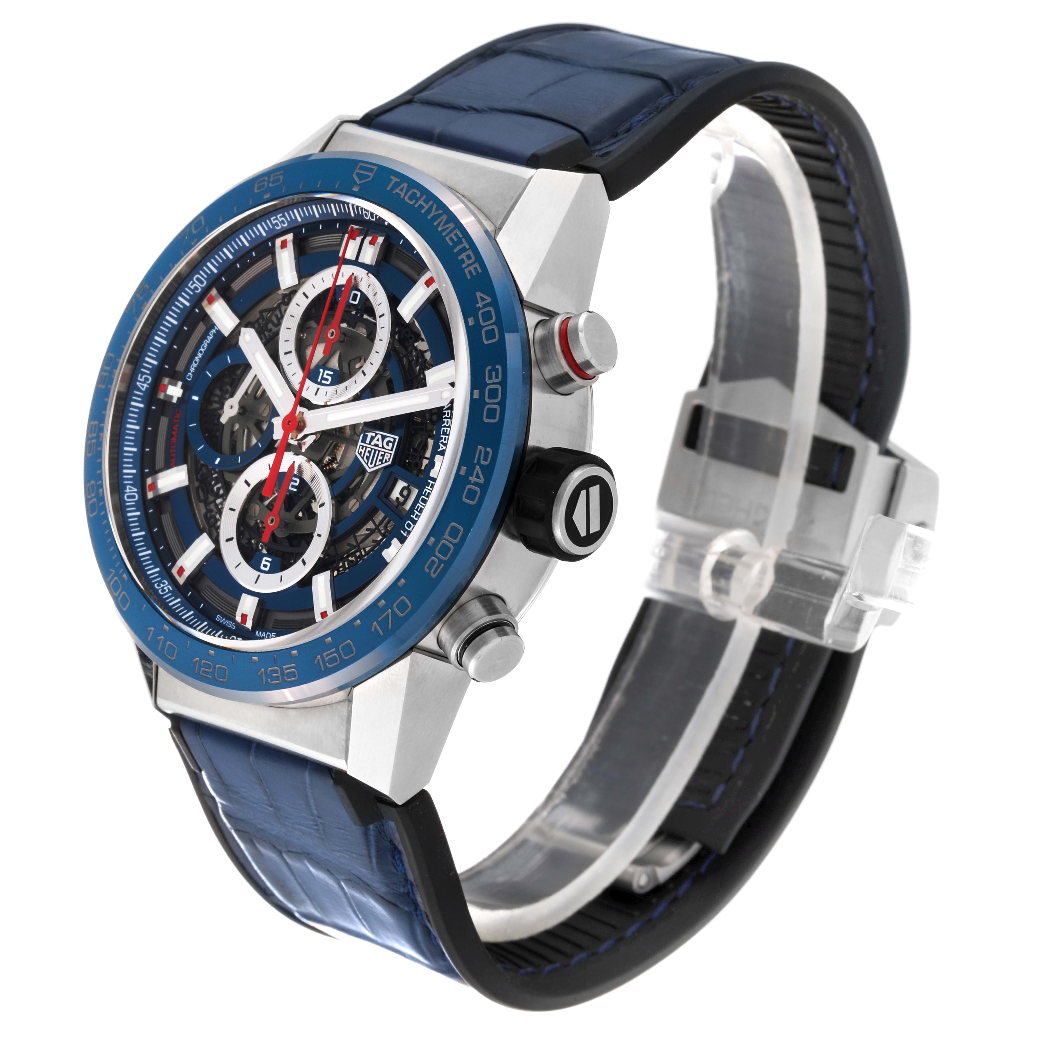 The image shows a side angle of a Tag Heuer Carrera CAR201T Men's Stainless Steel Blue Dial CAR201T Men's Stainless Steel Blue Dial watch, highlighting the face, crown, and pushers with a blue strap.