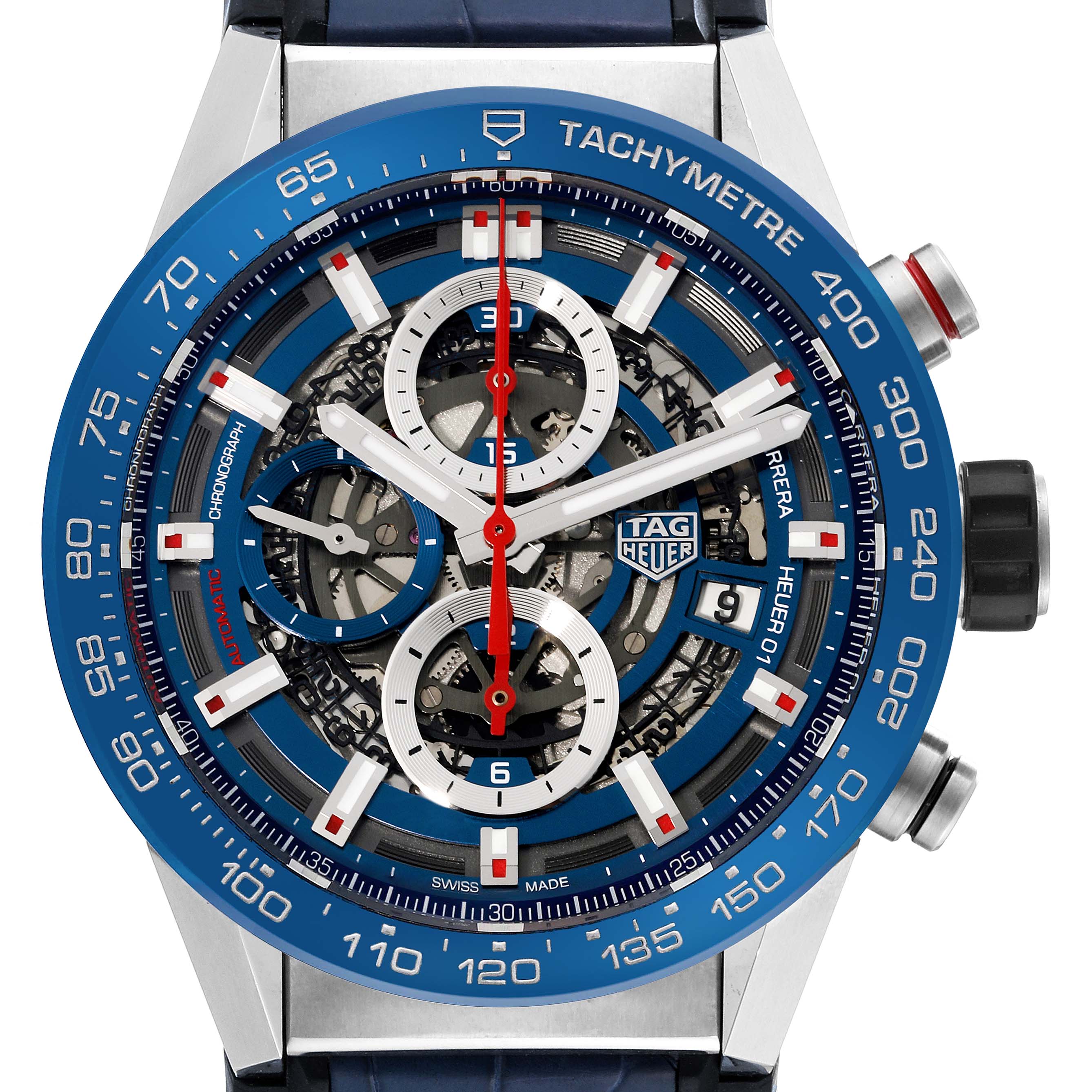 The image shows a close-up of the dial of the Tag Heuer Carrera CAR201T Men's Stainless Steel Blue Dial CAR201T Men's Stainless Steel Blue Dial watch, displaying its tachymeter, chronograph, and skeleton design.