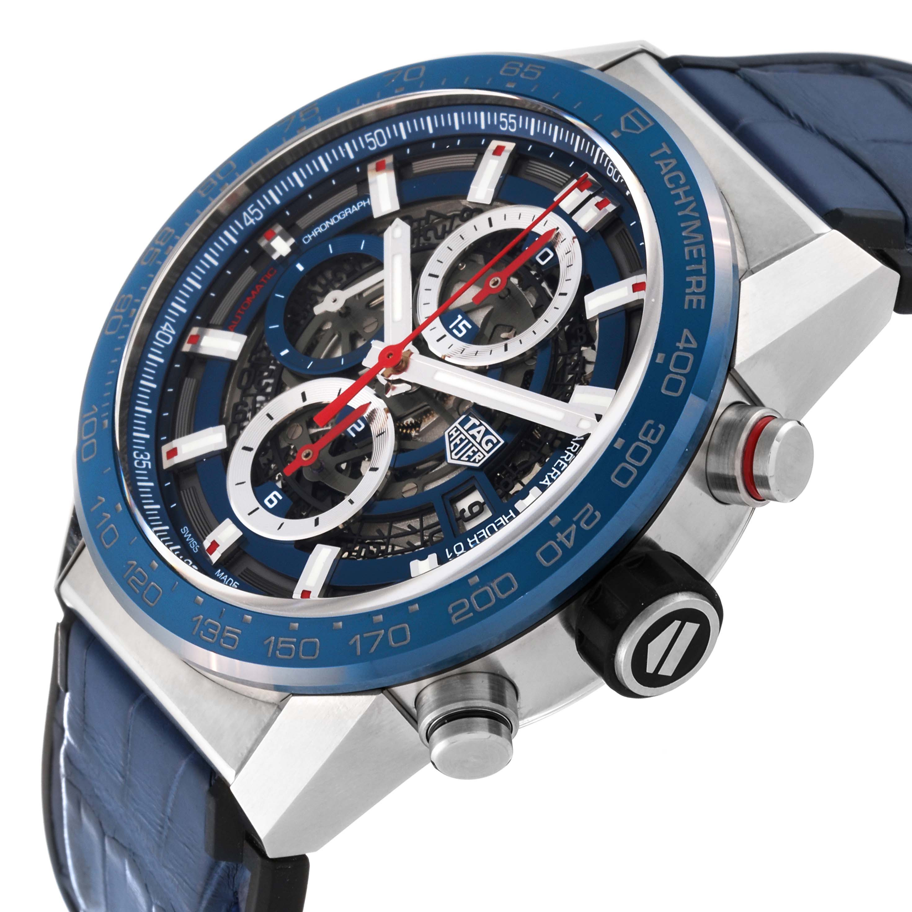 This Tag Heuer Carrera CAR201T Men's Stainless Steel Blue Dial CAR201T Men's Stainless Steel Blue Dial watch is shown at an angled view highlighting its dial, case, strap, and side buttons.