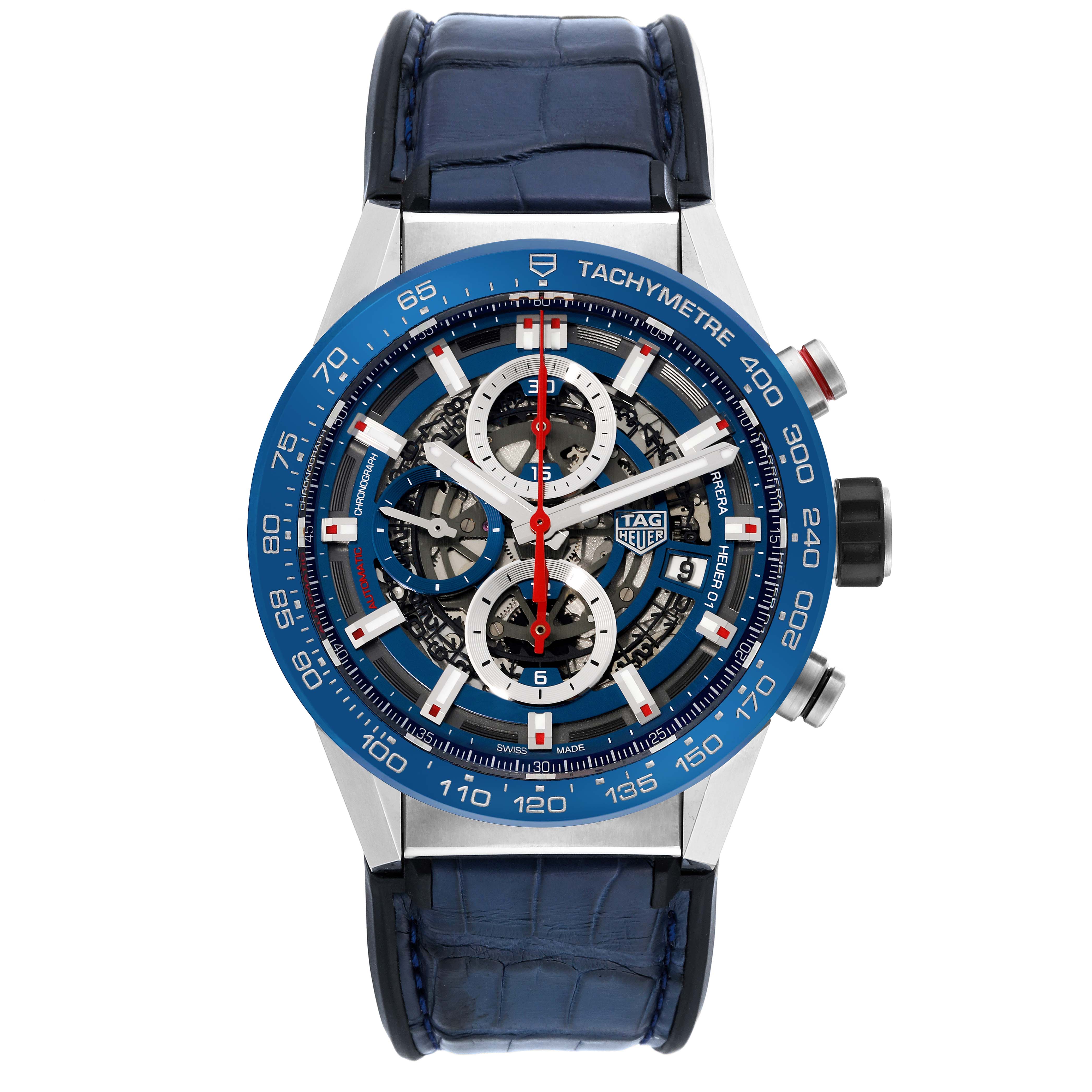 This image shows a front view of the Tag Heuer Carrera CAR201T Men's Stainless Steel Blue Dial CAR201T Men's Stainless Steel Blue Dial watch, highlighting its blue tachymeter bezel and leather strap.