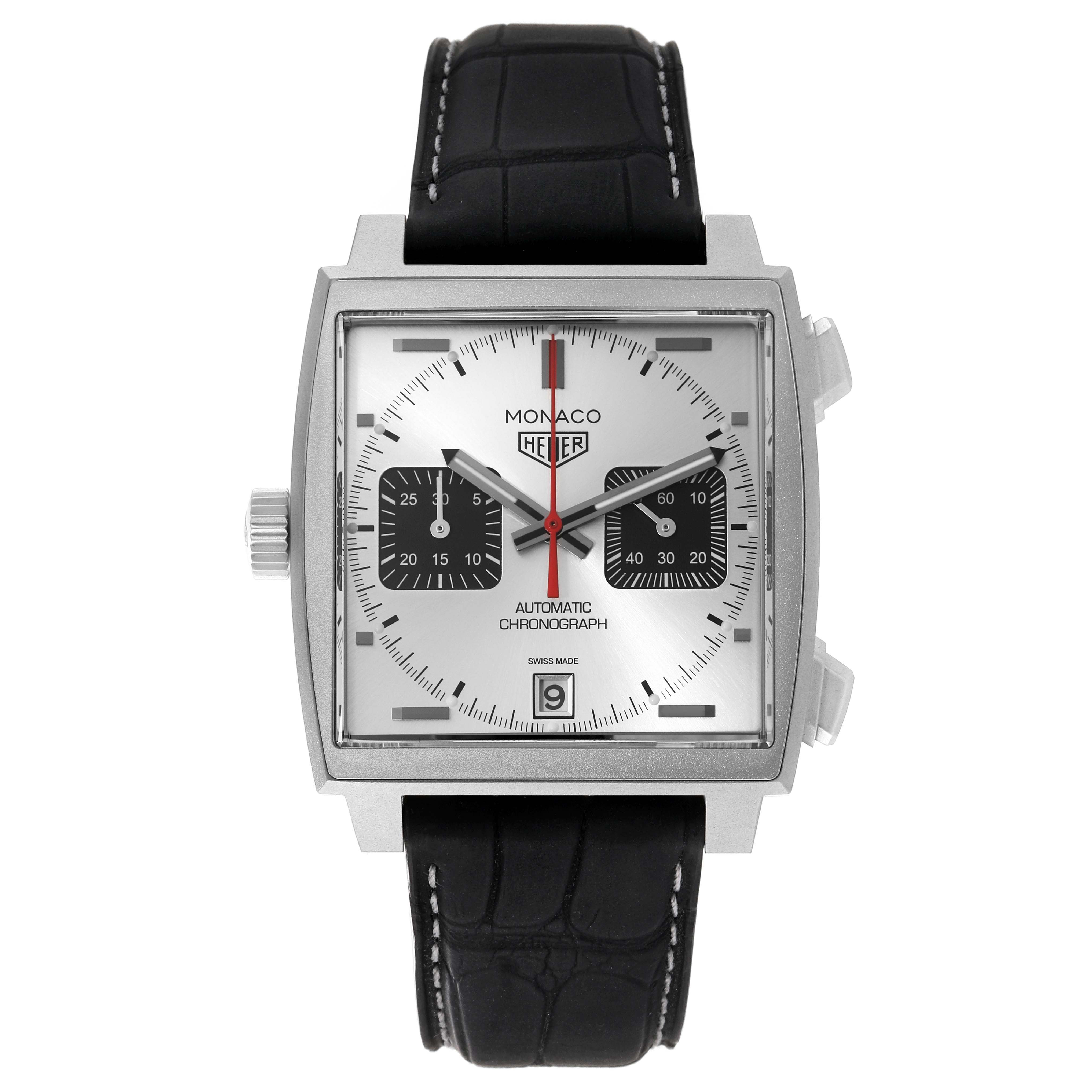 The image shows a front view of a Tag Heuer Monaco CAW218B.FC6496 Men
s Titanium Silver Dial CAW218B.FC6496 Men
s Titanium Silver Dial watch with a black leather strap and silver square case.