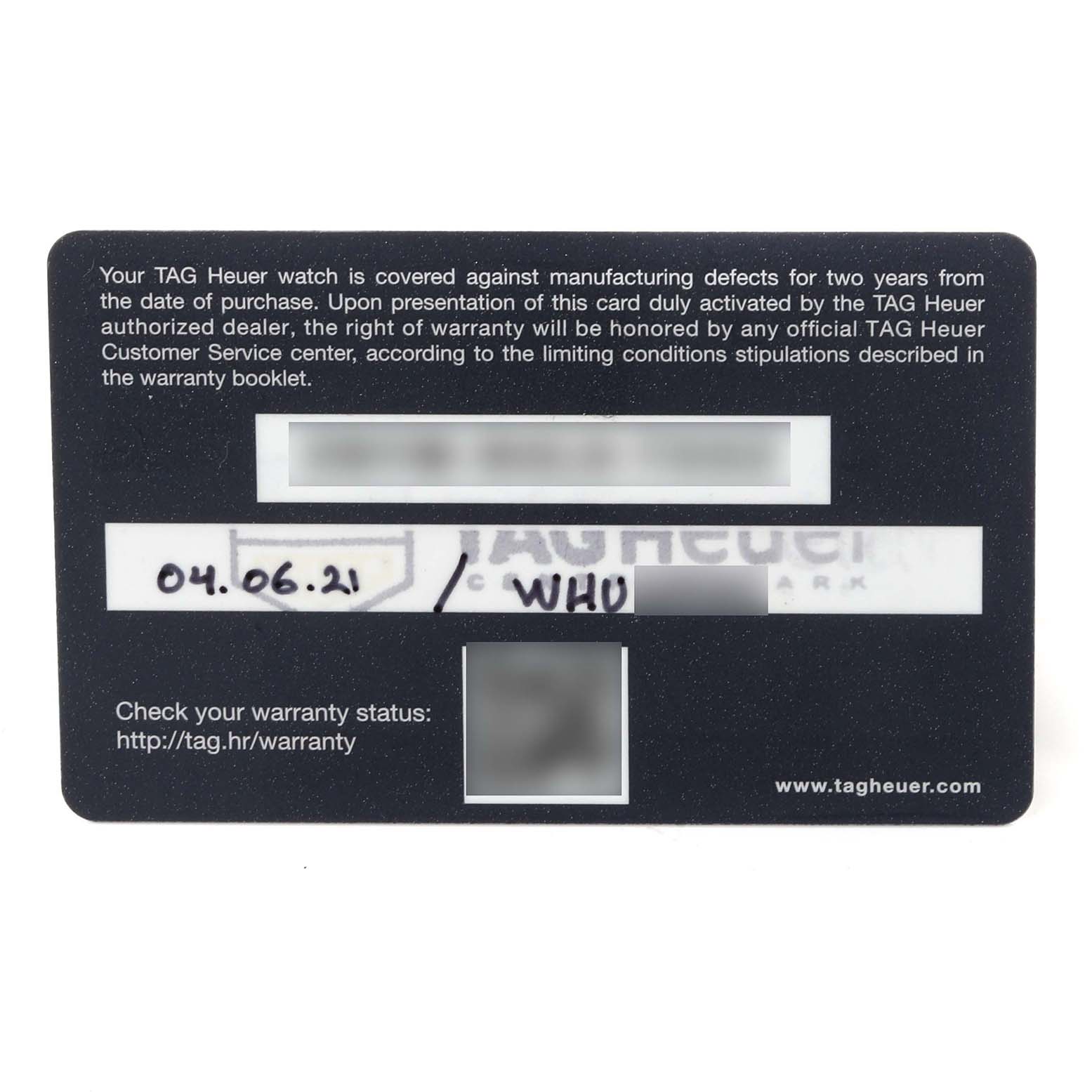 This image shows the warranty card for the Tag Heuer Monaco CAW218B.FC6496 Men
s Titanium Silver Dial CAW218B.FC6496 Men
s Titanium Silver Dial model watch.