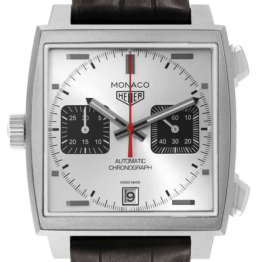 The image shows a front view of the Tag Heuer Monaco CAW218B.FC6496 Men's Titanium Silver Dial watch, highlighting its dial, subdials, crown, and date window.